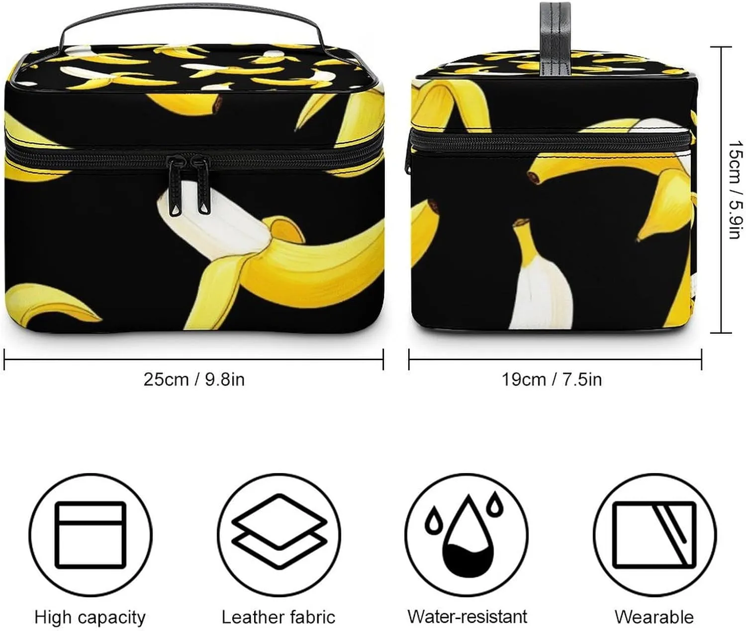 Portable Travel Makeup Bag for Women, Waterproof Toiletry Pouch Yellow Banana Fruit Funny Black Pattern Cosmetic Organizer Storage Case with Handle