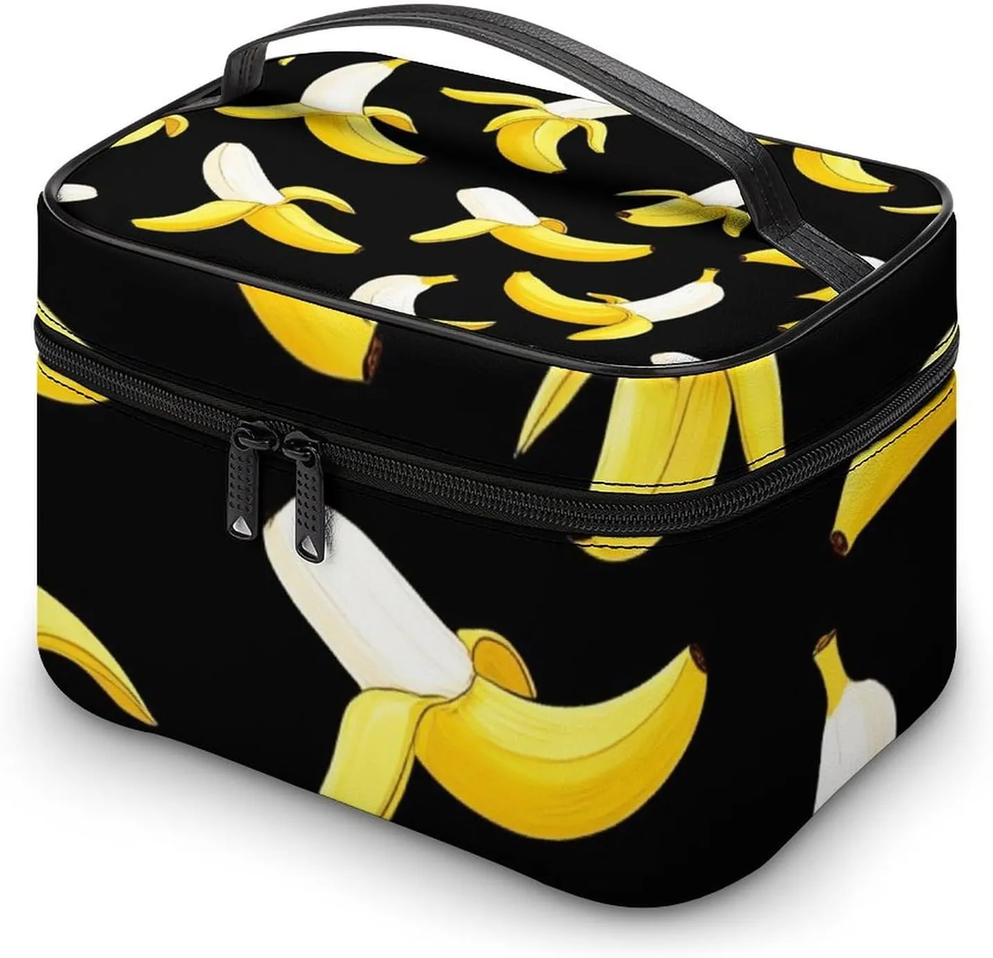Portable Travel Makeup Bag for Women, Waterproof Toiletry Pouch Yellow Banana Fruit Funny Black Pattern Cosmetic Organizer Storage Case with Handle