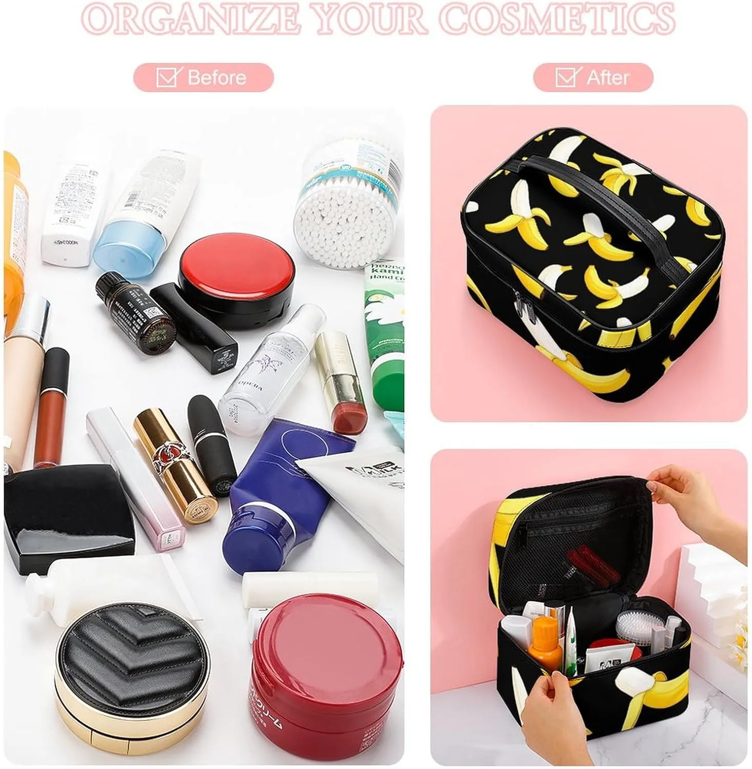 Portable Travel Makeup Bag for Women, Waterproof Toiletry Pouch Yellow Banana Fruit Funny Black Pattern Cosmetic Organizer Storage Case with Handle