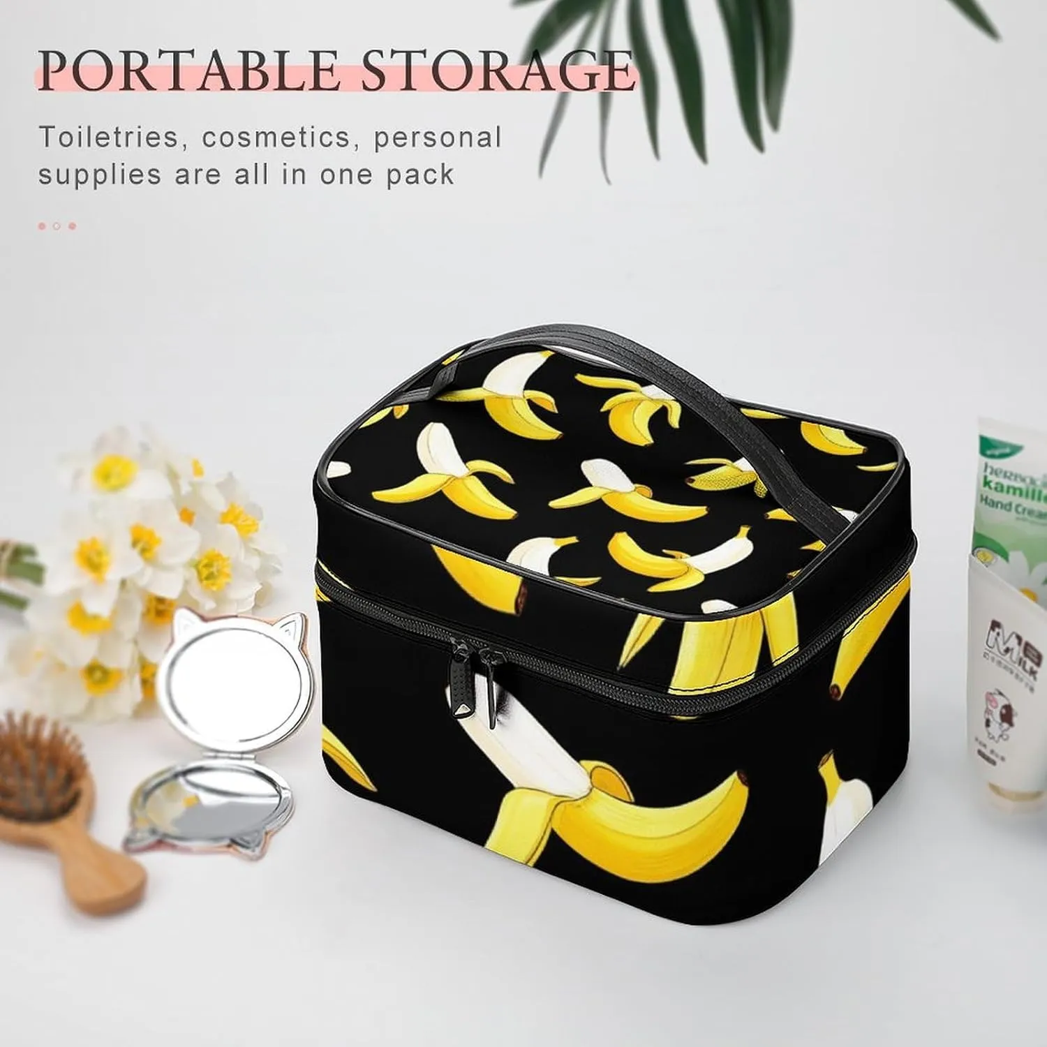 Portable Travel Makeup Bag for Women, Waterproof Toiletry Pouch Yellow Banana Fruit Funny Black Pattern Cosmetic Organizer Storage Case with Handle