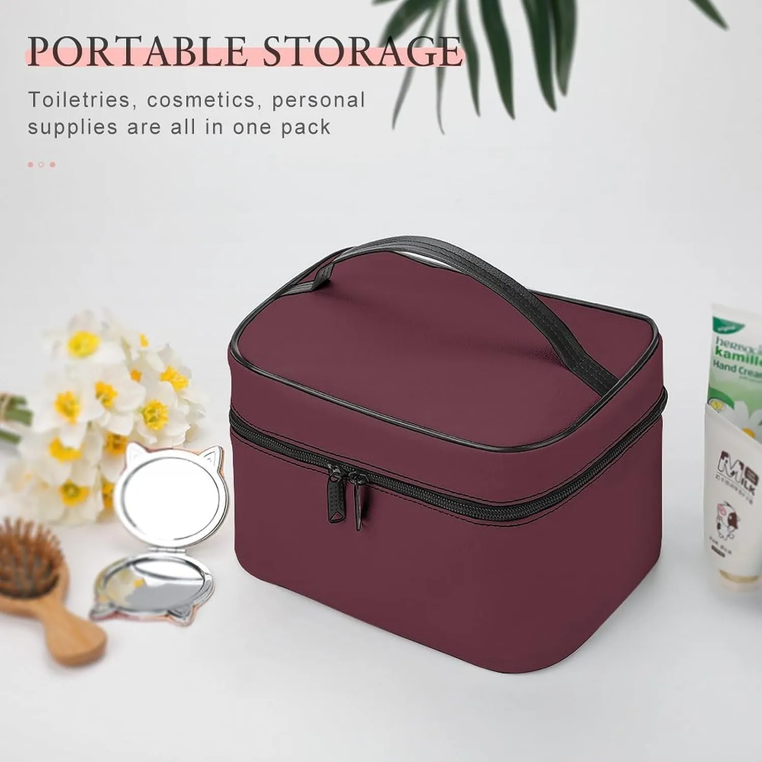 Portable Travel Makeup Bag, Trend Color Dark Red Wine Cosmetic Case Zipper Toiletry Bag for Women Girls