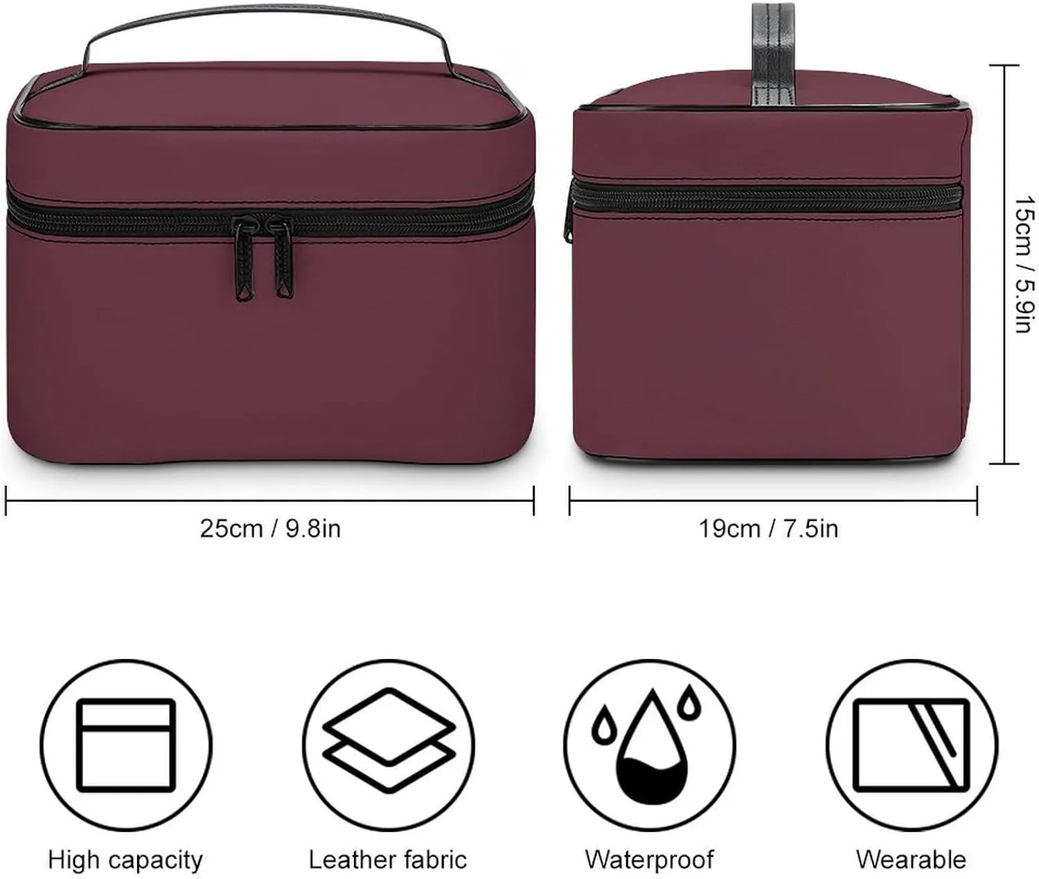 Portable Travel Makeup Bag, Trend Color Dark Red Wine Cosmetic Case Zipper Toiletry Bag for Women Girls