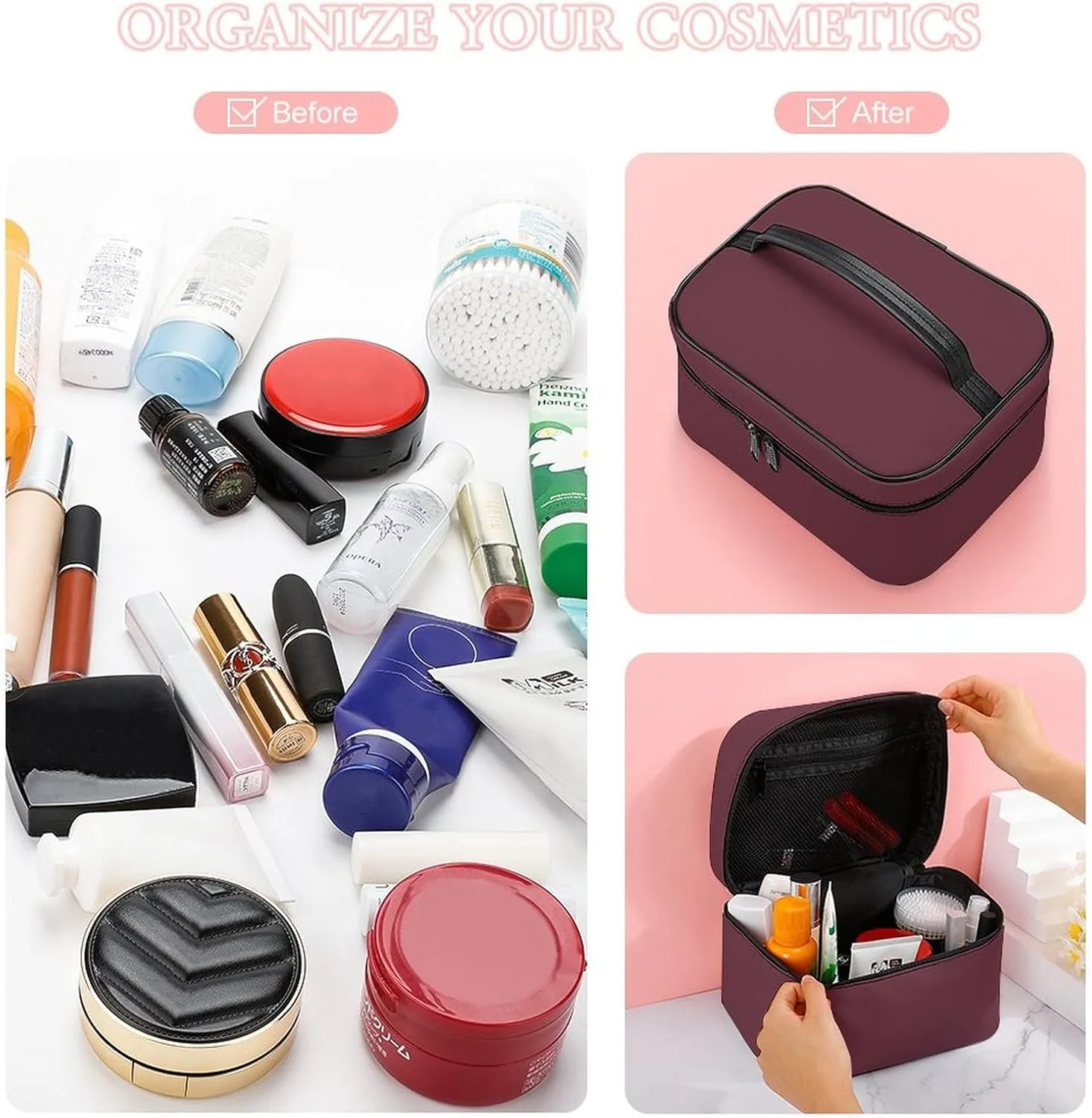 Portable Travel Makeup Bag, Trend Color Dark Red Wine Cosmetic Case Zipper Toiletry Bag for Women Girls