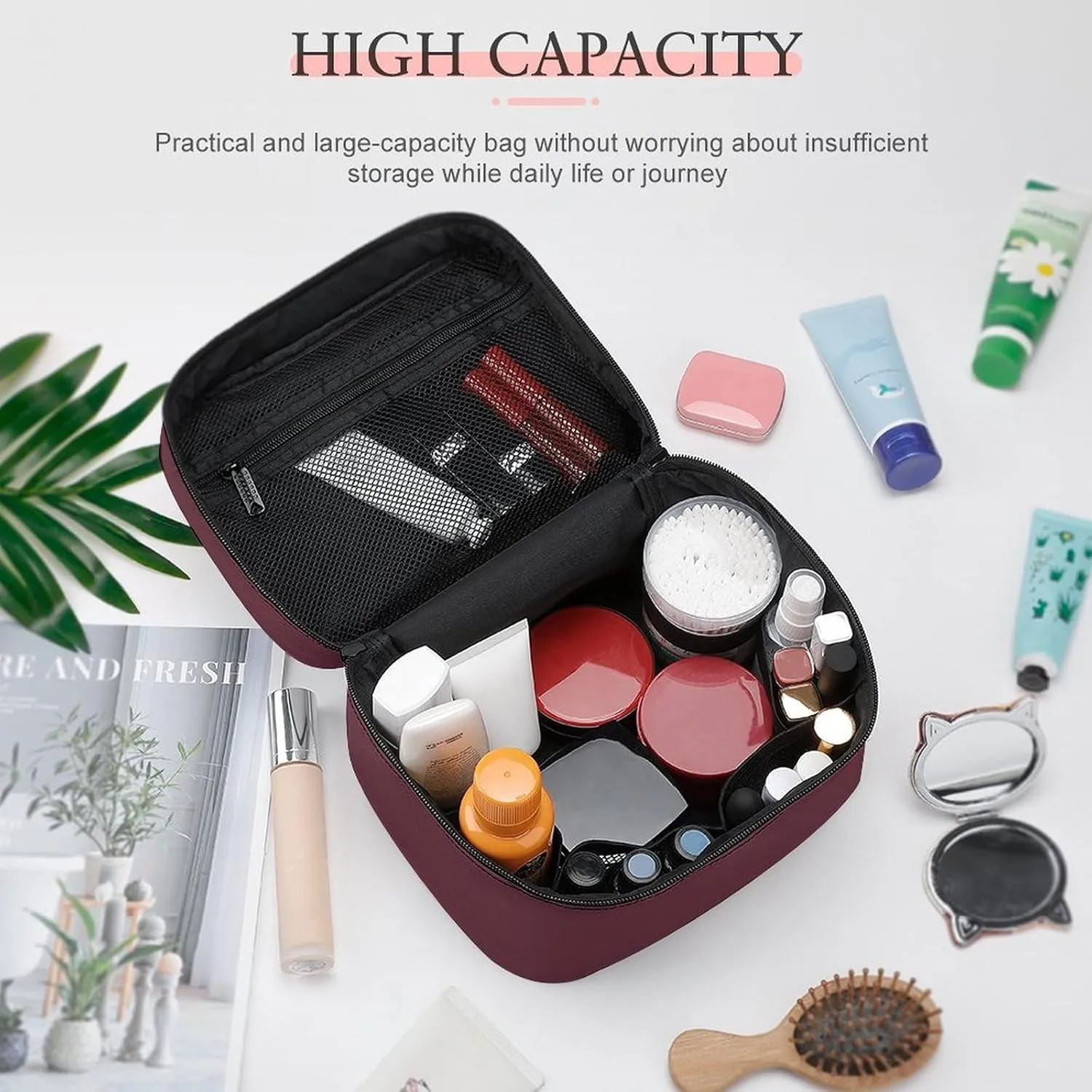 Portable Travel Makeup Bag, Trend Color Dark Red Wine Cosmetic Case Zipper Toiletry Bag for Women Girls