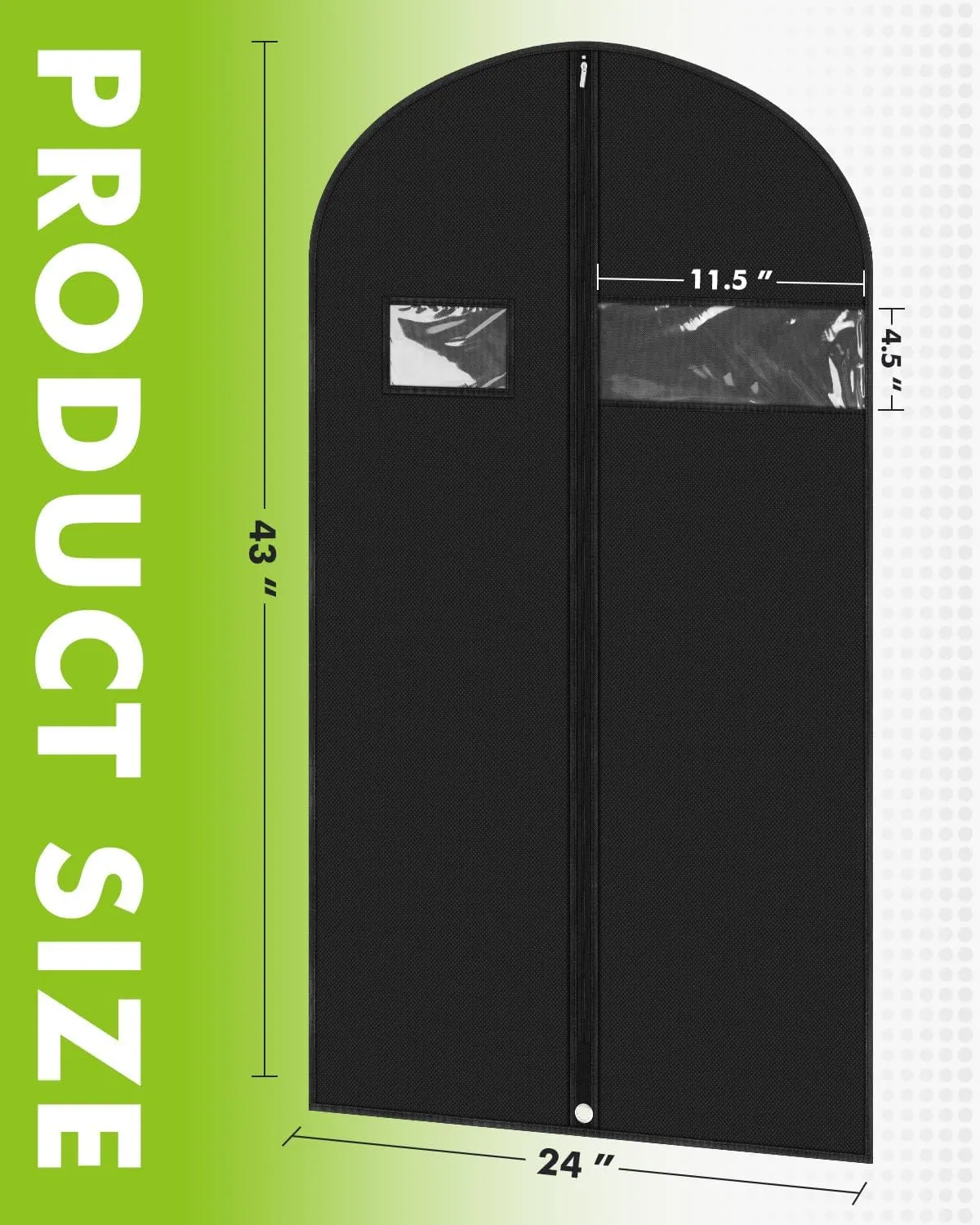 Premium Garment Bag for Clothes (43'' x 24'' set of 5) Black Suit Bag for Travel and Hanging Garment Storage