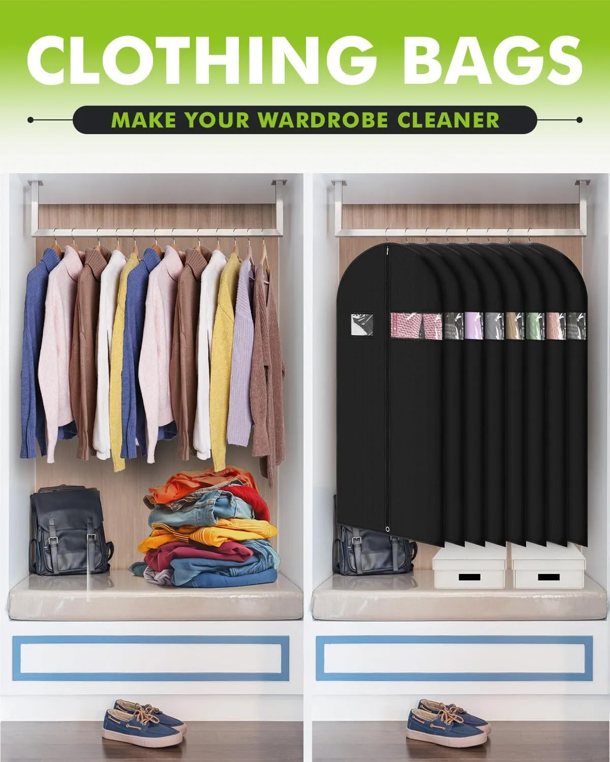Premium Garment Bag for Clothes (43'' x 24'' set of 5) Black Suit Bag for Travel and Hanging Garment Storage
