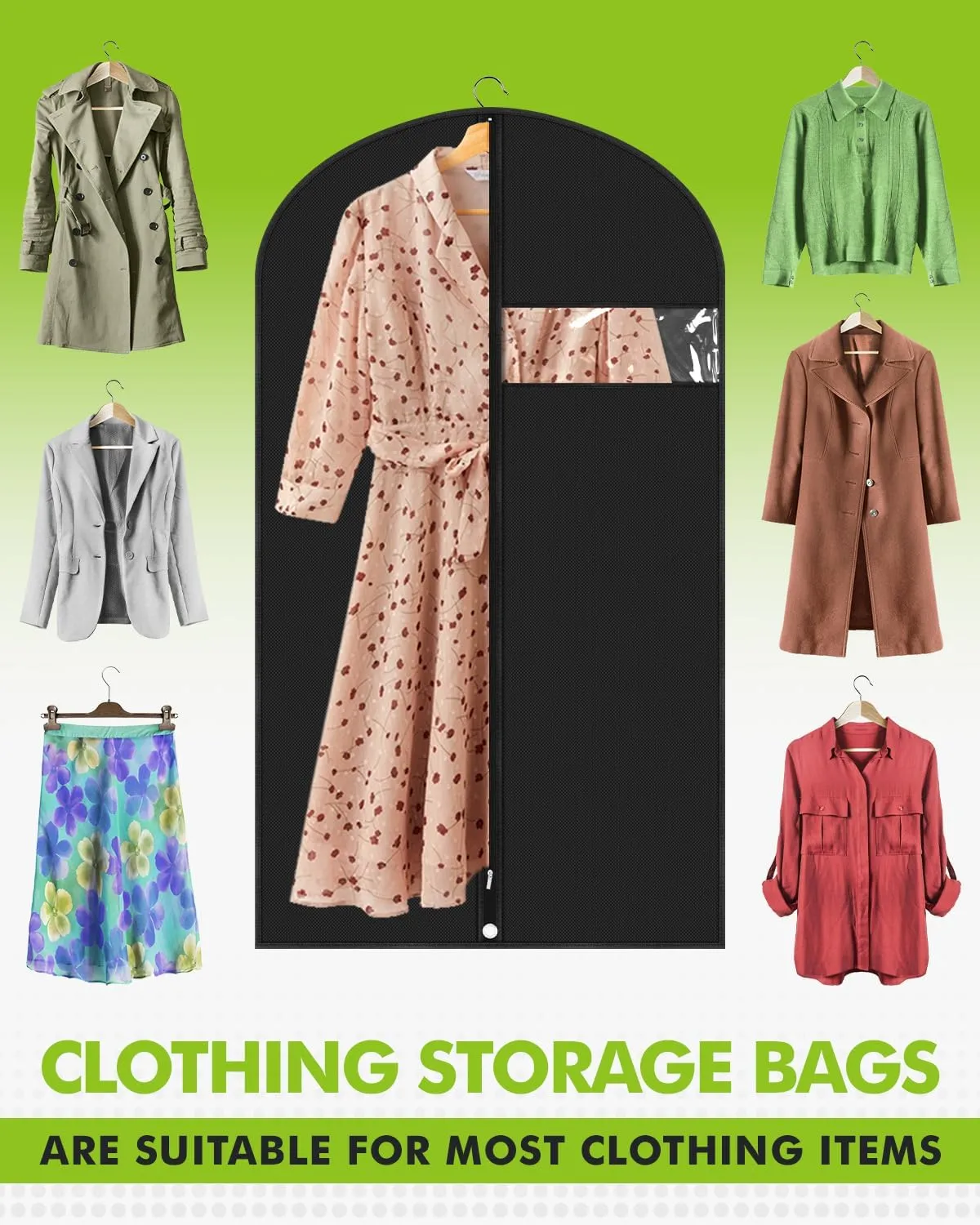 Premium Garment Bag for Clothes (43'' x 24'' set of 5) Black Suit Bag for Travel and Hanging Garment Storage