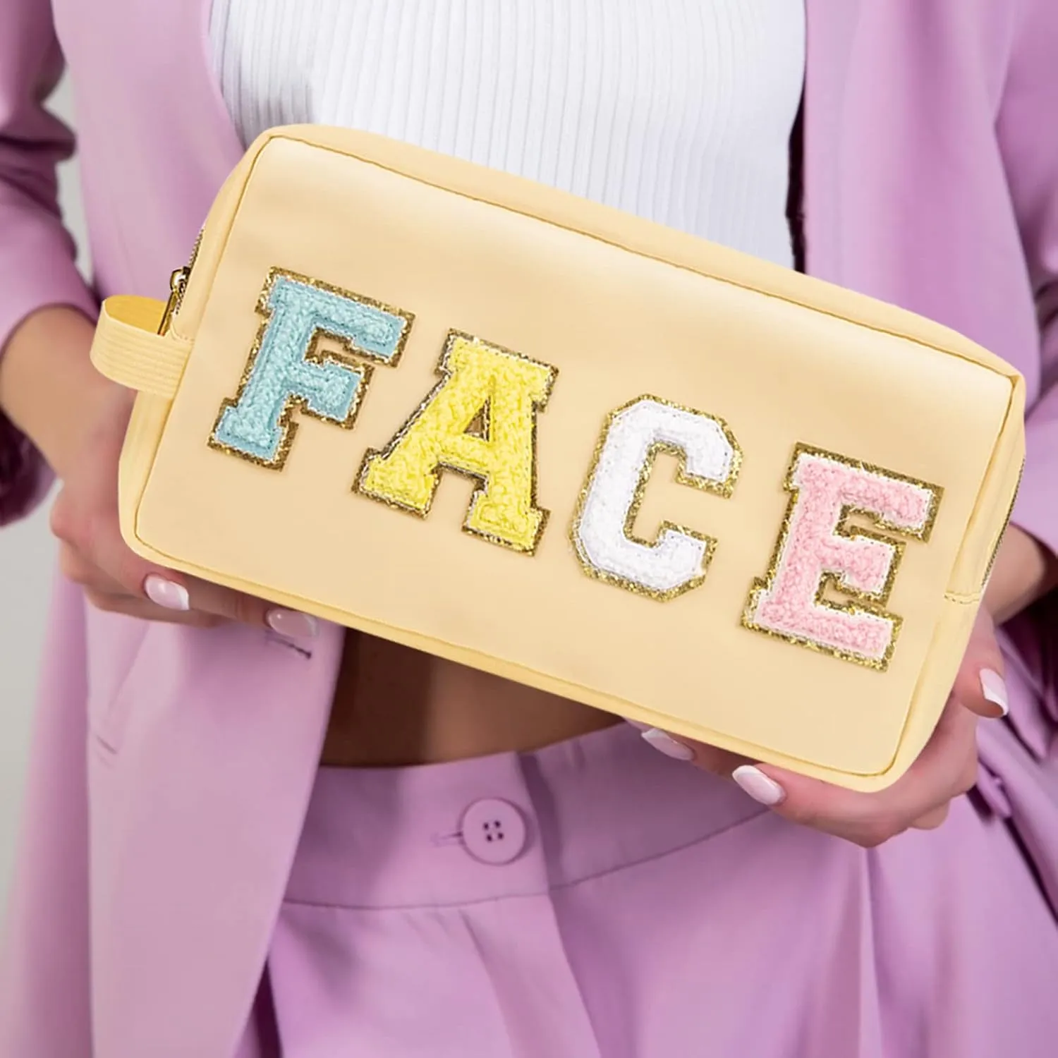 Preppy Nylon Cosmetic Bag Face Pouch for Women Girls, Portable Makeup Bag with Chenille Letter Patches, Zipper Pouch Storage Purse Waterproof Organizer for Travel