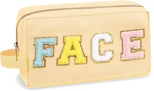 Preppy Nylon Cosmetic Bag Face Pouch for Women Girls, Portable Makeup Bag with Chenille Letter Patches, Zipper Pouch Storage Purse Waterproof Organizer for Travel