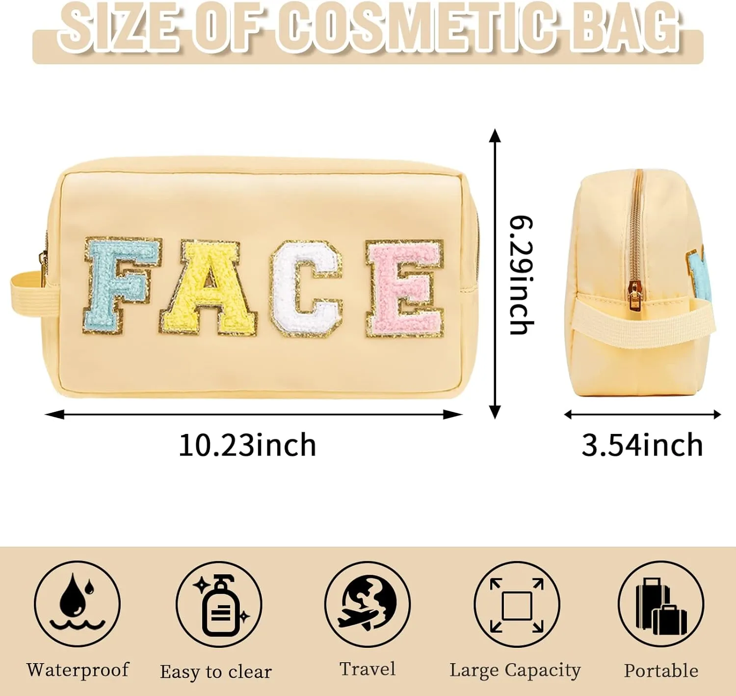 Preppy Nylon Cosmetic Bag Face Pouch for Women Girls, Portable Makeup Bag with Chenille Letter Patches, Zipper Pouch Storage Purse Waterproof Organizer for Travel