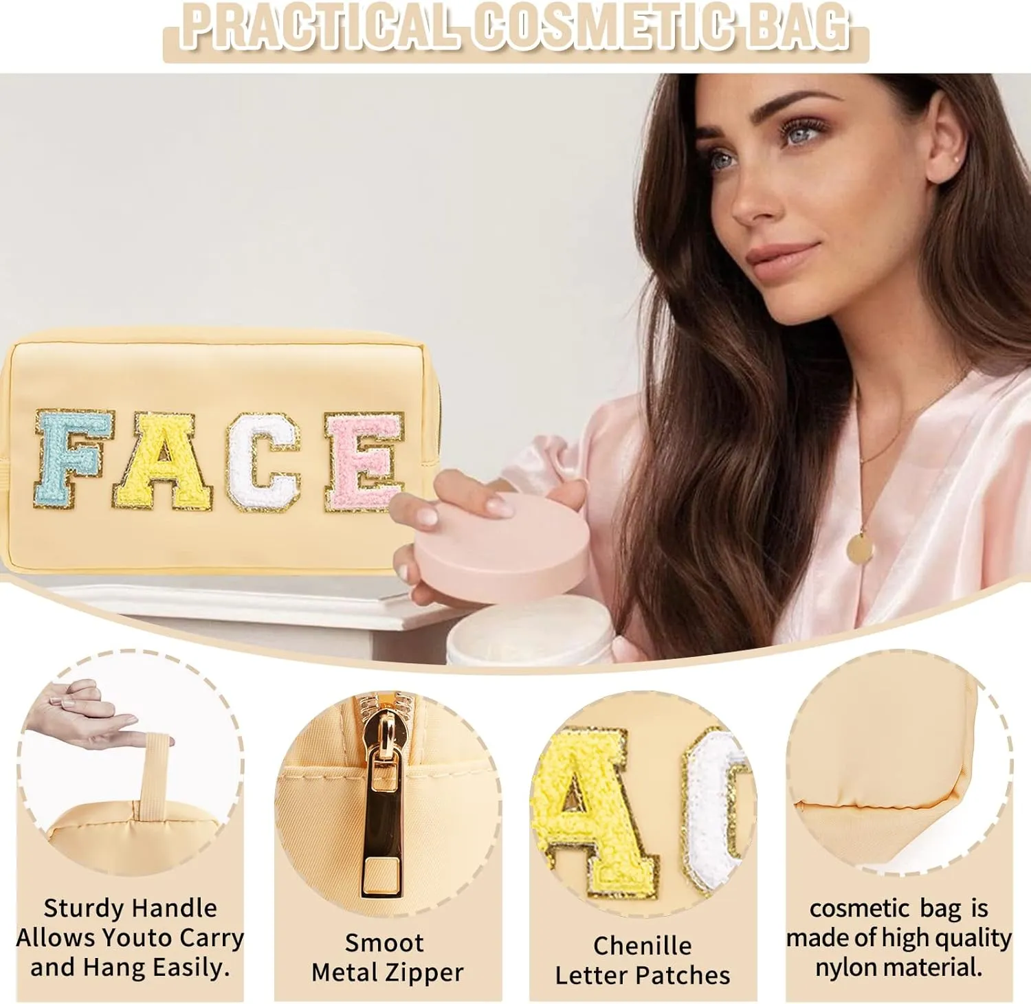 Preppy Nylon Cosmetic Bag Face Pouch for Women Girls, Portable Makeup Bag with Chenille Letter Patches, Zipper Pouch Storage Purse Waterproof Organizer for Travel