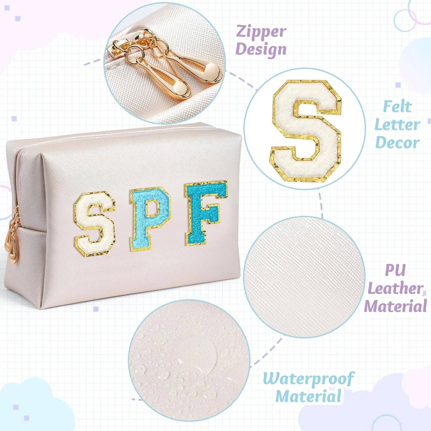 Preppy Patch Cosmetic Bag - Summer Blue SPF Chenille Letter Makeup Bag, PU leather Travel Toiletry Bag Kit Portable Waterproof Make Up Pouch Zipper Clutch, Summer Gifts for Women Girls
