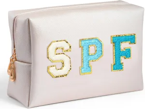 Preppy Patch Cosmetic Bag - Summer Blue SPF Chenille Letter Makeup Bag, PU leather Travel Toiletry Bag Kit Portable Waterproof Make Up Pouch Zipper Clutch, Summer Gifts for Women Girls
