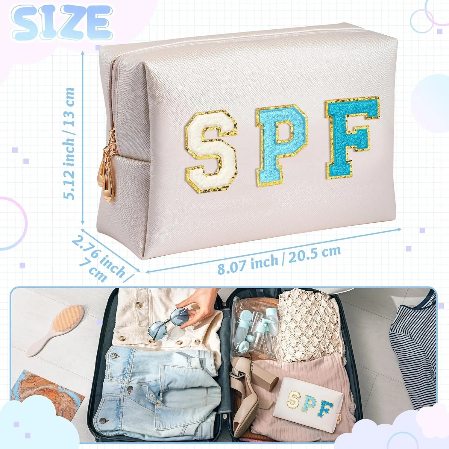 Preppy Patch Cosmetic Bag - Summer Blue SPF Chenille Letter Makeup Bag, PU leather Travel Toiletry Bag Kit Portable Waterproof Make Up Pouch Zipper Clutch, Summer Gifts for Women Girls