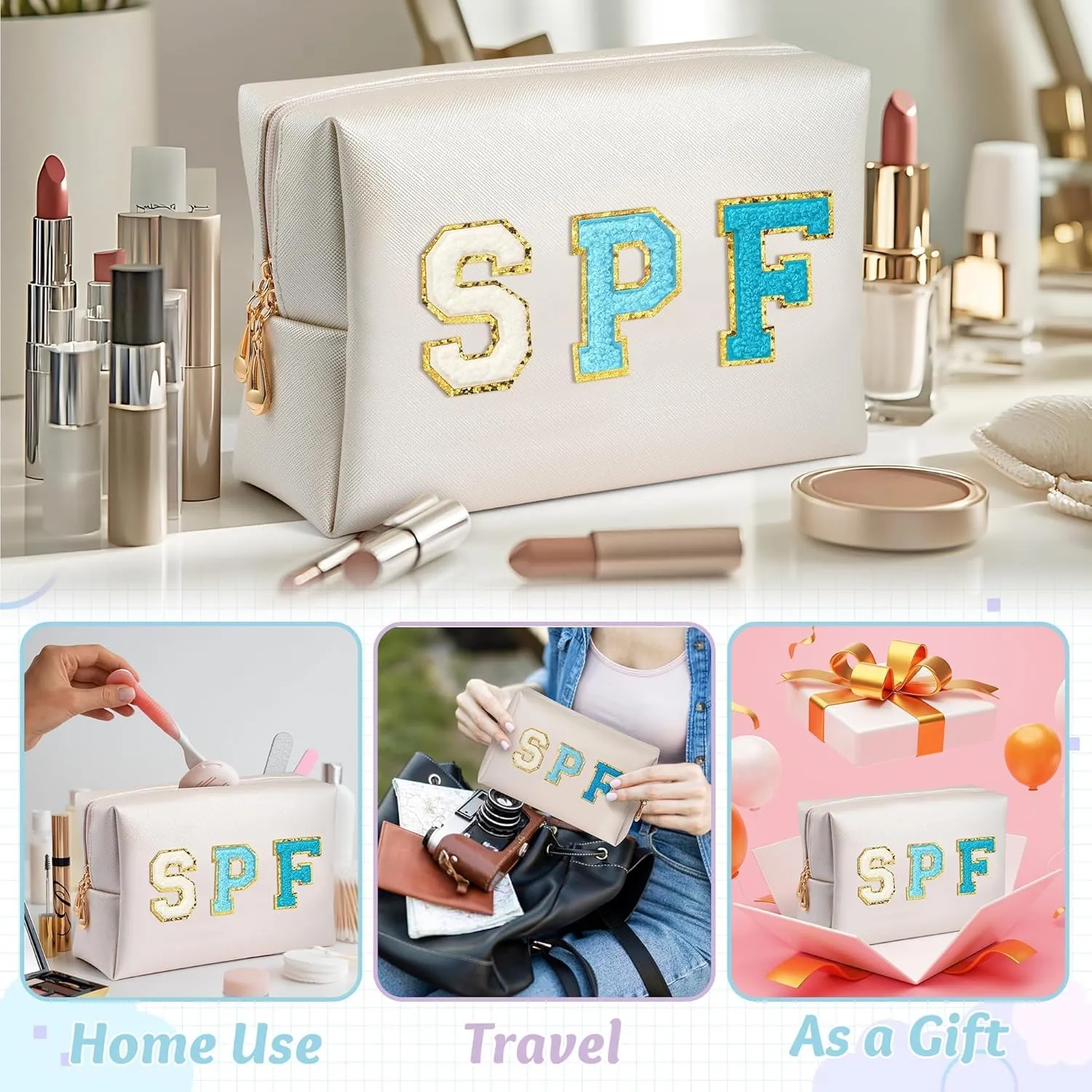 Preppy Patch Cosmetic Bag - Summer Blue SPF Chenille Letter Makeup Bag, PU leather Travel Toiletry Bag Kit Portable Waterproof Make Up Pouch Zipper Clutch, Summer Gifts for Women Girls