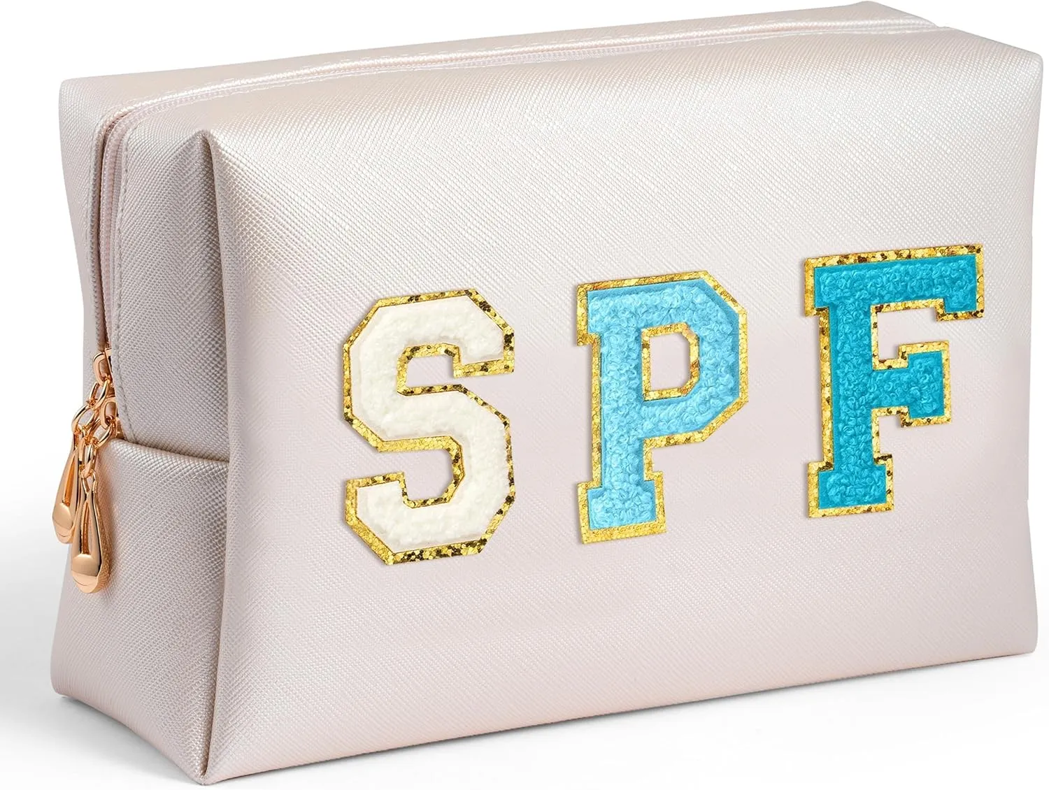 Preppy Patch Cosmetic Bag - Summer Blue SPF Chenille Letter Makeup Bag, PU leather Travel Toiletry Bag Kit Portable Waterproof Make Up Pouch Zipper Clutch, Summer Gifts for Women Girls