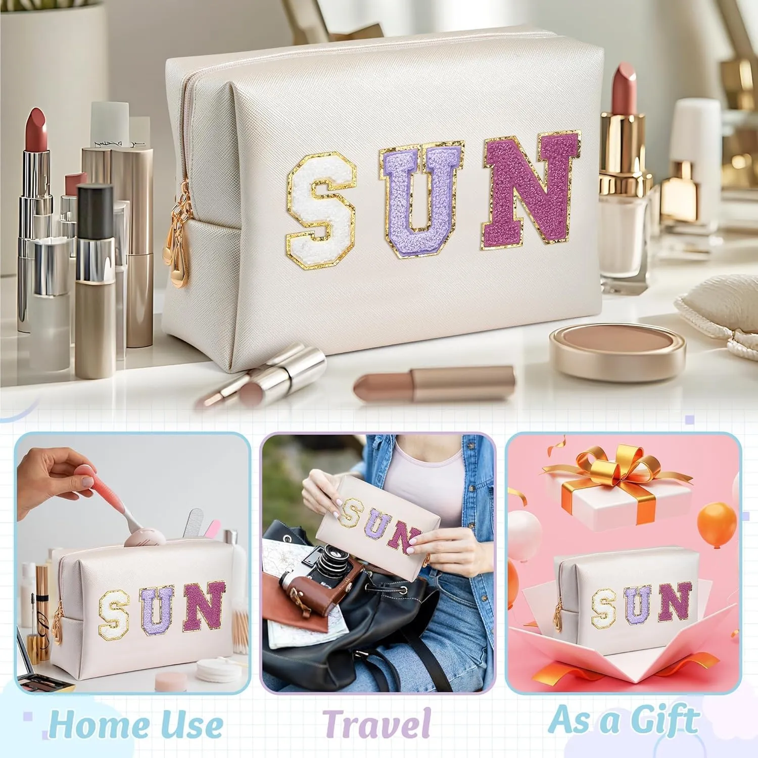 Preppy Patch Cosmetic Bag - Summer Purple SUN Chenille Letter Makeup Bag, PU leather Travel Toiletry Kit Portable Waterproof Make Up Pouch Zipper clutch, Summer Gifts for Women Girls