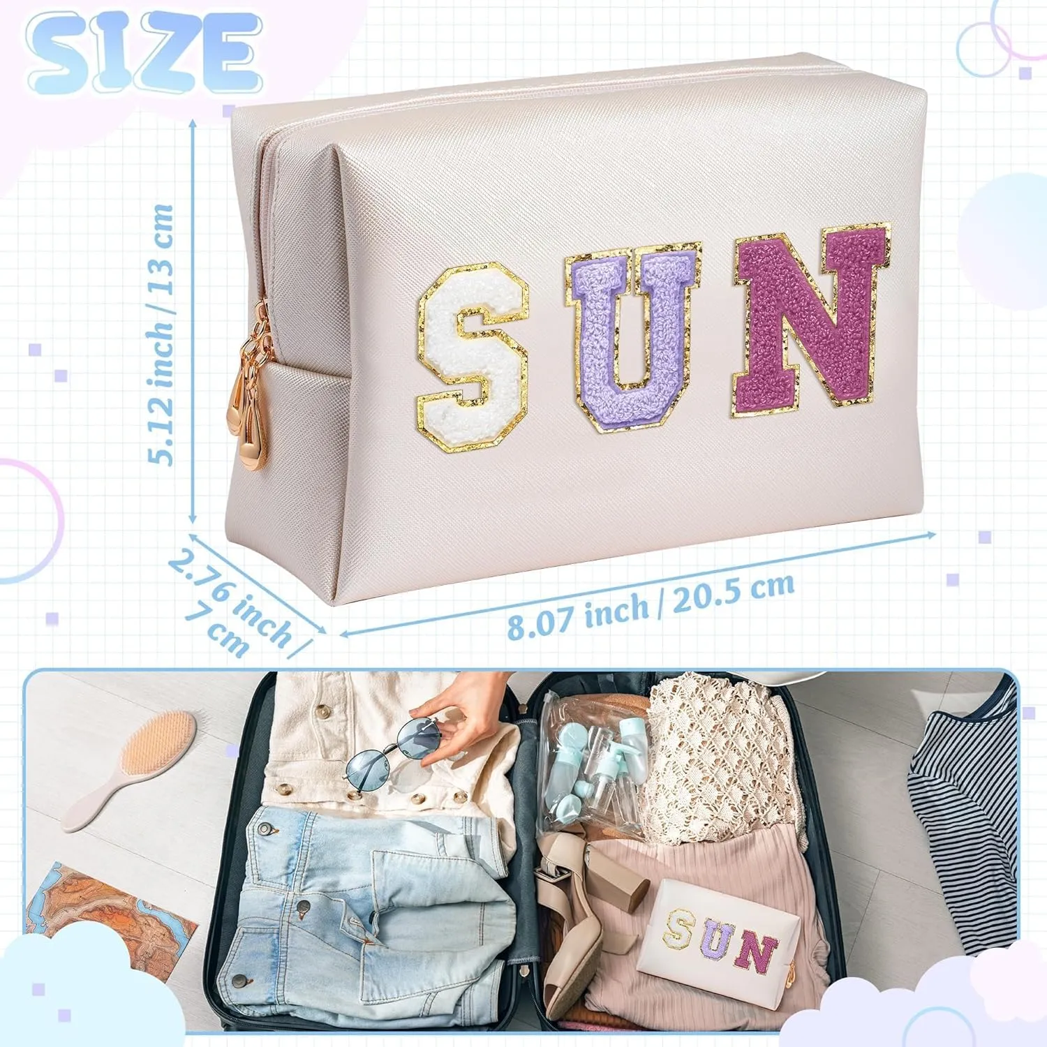 Preppy Patch Cosmetic Bag - Summer Purple SUN Chenille Letter Makeup Bag, PU leather Travel Toiletry Kit Portable Waterproof Make Up Pouch Zipper clutch, Summer Gifts for Women Girls