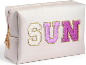 Preppy Patch Cosmetic Bag - Summer Purple SUN Chenille Letter Makeup Bag, PU leather Travel Toiletry Kit Portable Waterproof Make Up Pouch Zipper clutch, Summer Gifts for Women Girls