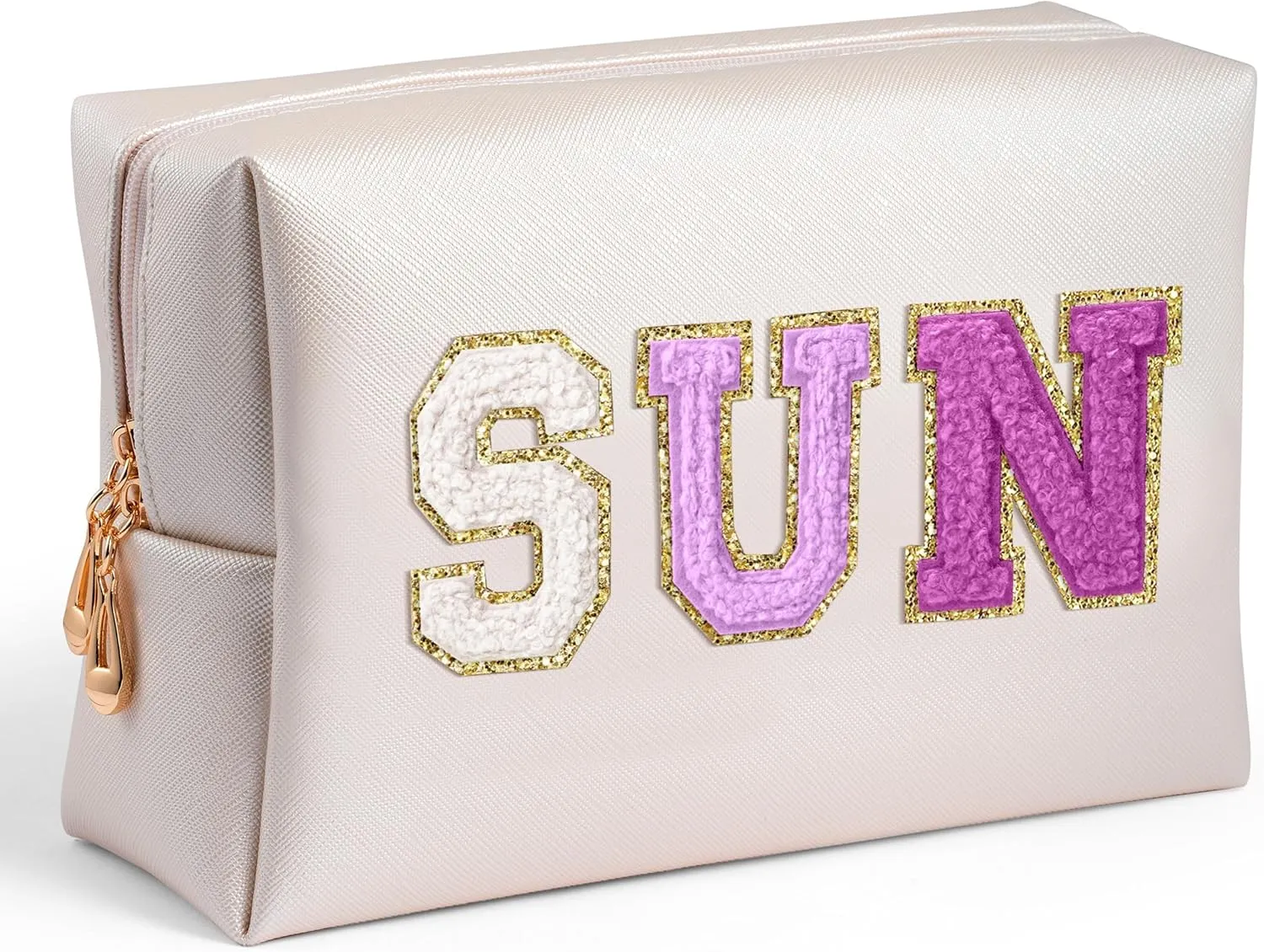 Preppy Patch Cosmetic Bag - Summer Purple SUN Chenille Letter Makeup Bag, PU leather Travel Toiletry Kit Portable Waterproof Make Up Pouch Zipper clutch, Summer Gifts for Women Girls