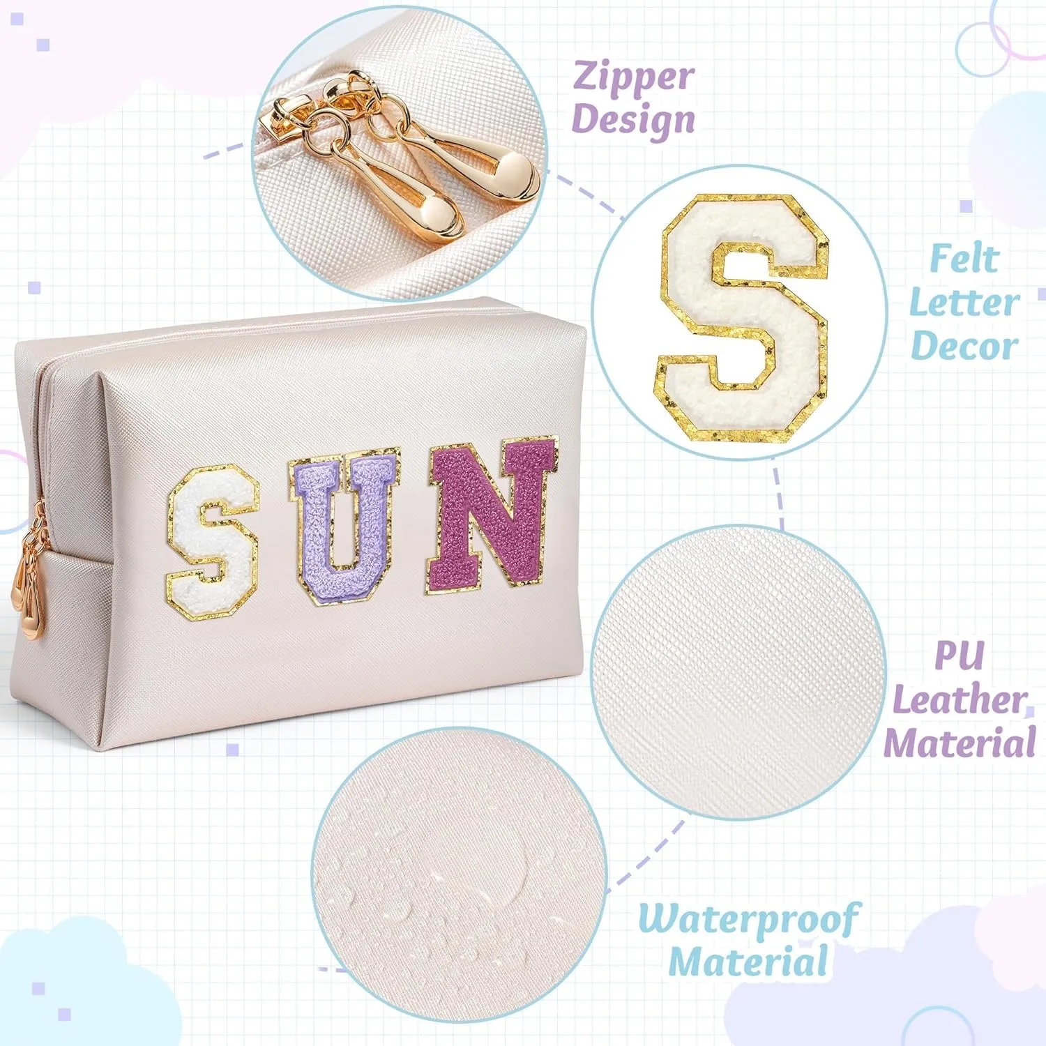 Preppy Patch Cosmetic Bag - Summer Purple SUN Chenille Letter Makeup Bag, PU leather Travel Toiletry Kit Portable Waterproof Make Up Pouch Zipper clutch, Summer Gifts for Women Girls