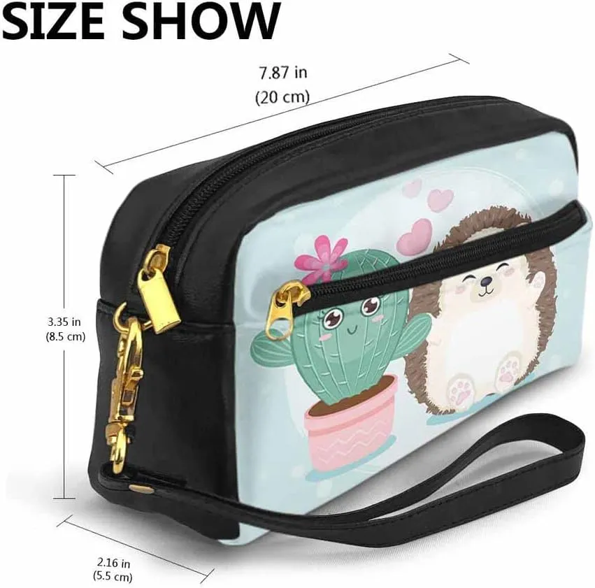 Pu Leather Cosmetic Bags For Woman Small Makeup Bag Cute Hedgehog Hearts Cactus Heart Flower Love Cartoon Toiletry Bags Wallet One Bag Multi-Purpose