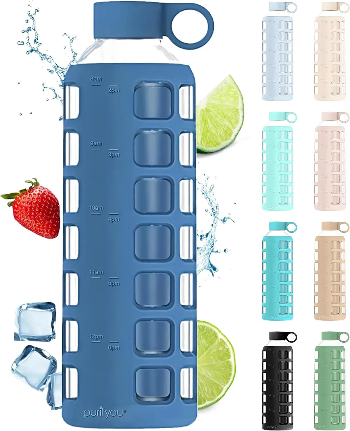 purifyou 40/32/22/12 oz Borosilicate Glass Water Bottles with Volume Markers, Silicone Sleeve, Stainless Steel Lid, Reusable Bottle for Water, Juice, Gym, and Fridge Storage (40oz Chinese Porcelain)