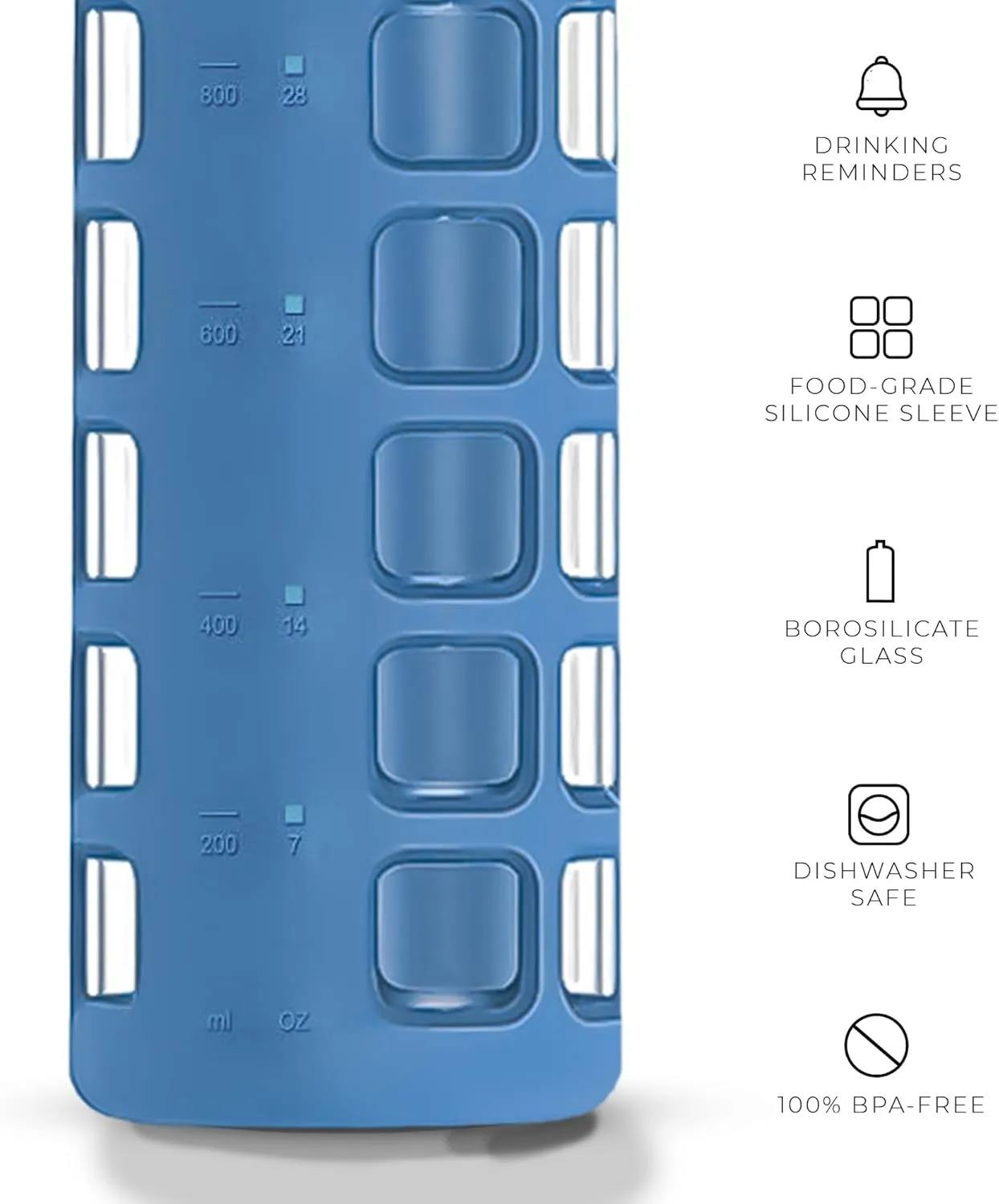 purifyou 40/32/22/12 oz Borosilicate Glass Water Bottles with Volume Markers, Silicone Sleeve, Stainless Steel Lid, Reusable Bottle for Water, Juice, Gym, and Fridge Storage (40oz Chinese Porcelain)