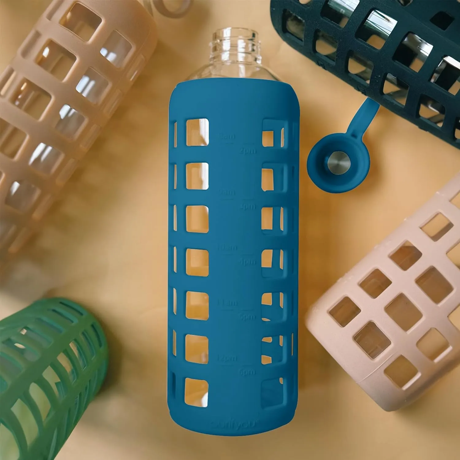 purifyou 40/32/22/12 oz Borosilicate Glass Water Bottles with Volume Markers, Silicone Sleeve, Stainless Steel Lid, Reusable Bottle for Water, Juice, Gym, and Fridge Storage (40oz Chinese Porcelain)