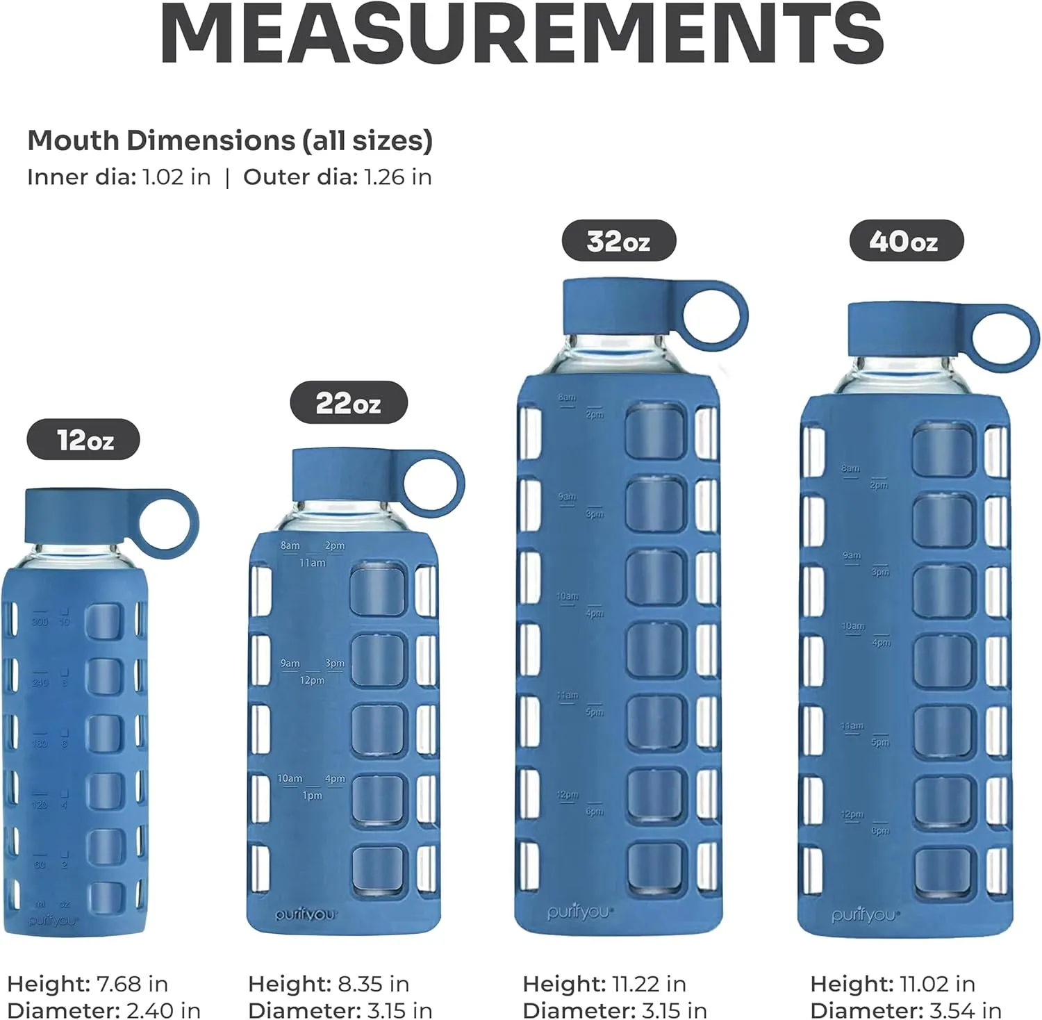 purifyou 40/32/22/12 oz Borosilicate Glass Water Bottles with Volume Markers, Silicone Sleeve, Stainless Steel Lid, Reusable Bottle for Water, Juice, Gym, and Fridge Storage (40oz Chinese Porcelain)