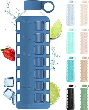 purifyou 40/32/22/12 oz Borosilicate Glass Water Bottles with Volume Markers, Silicone Sleeve, Stainless Steel Lid, Reusable Bottle for Water, Juice, Gym, and Fridge Storage (40oz Chinese Porcelain)