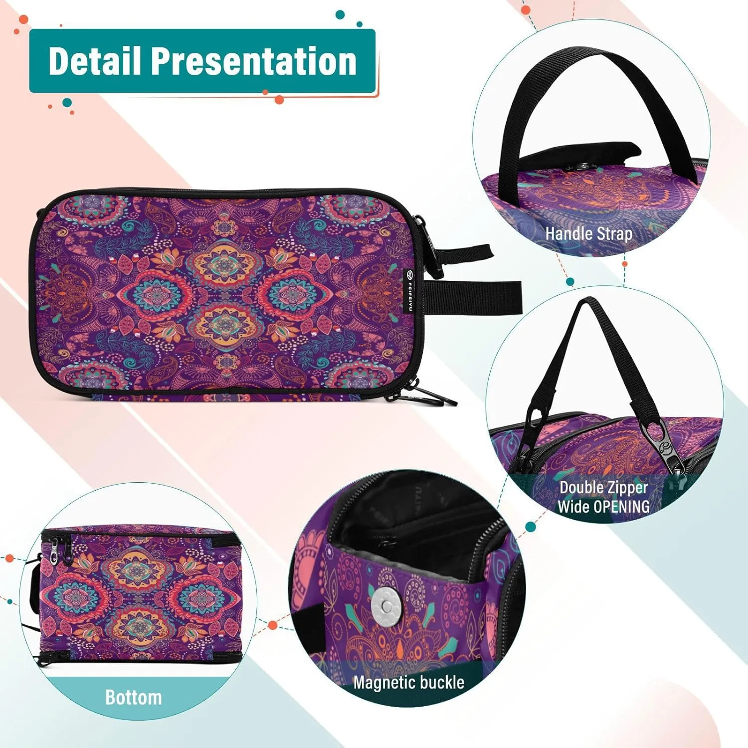 Purple Pink Style Ornamental Paisley Pattern Women's Portable Makeup Bag with Handle, Cosmetic Bag, Travel Cosmetic Bag Durable Toiletry Storage Organizer 11 x 7 x 5.7 inch