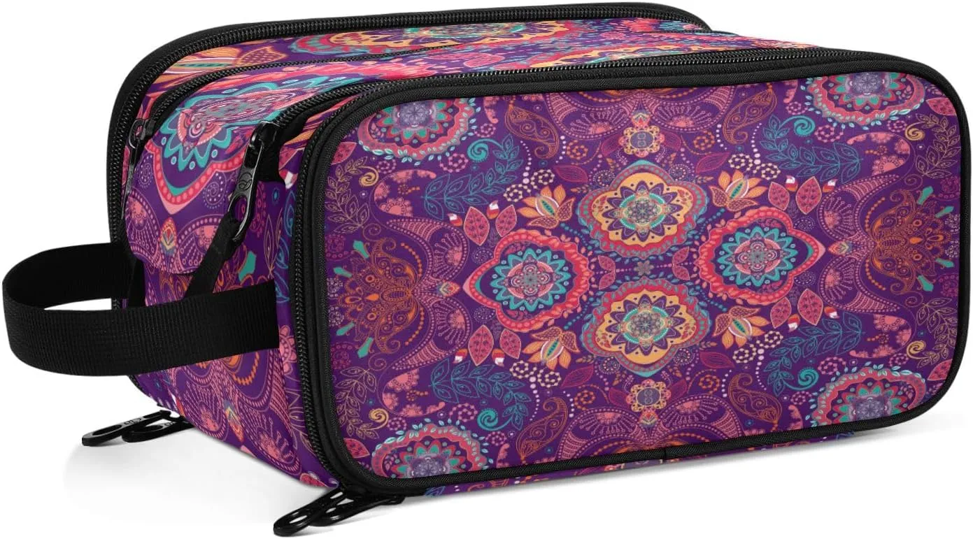 Purple Pink Style Ornamental Paisley Pattern Women's Portable Makeup Bag with Handle, Cosmetic Bag, Travel Cosmetic Bag Durable Toiletry Storage Organizer 11 x 7 x 5.7 inch