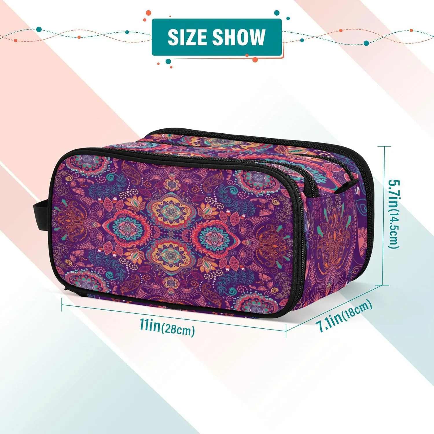 Purple Pink Style Ornamental Paisley Pattern Women's Portable Makeup Bag with Handle, Cosmetic Bag, Travel Cosmetic Bag Durable Toiletry Storage Organizer 11 x 7 x 5.7 inch