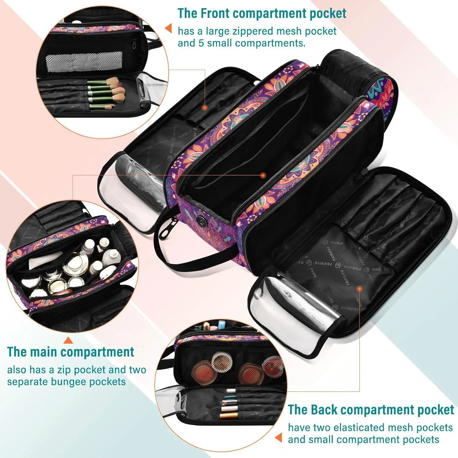 Purple Pink Style Ornamental Paisley Pattern Women's Portable Makeup Bag with Handle, Cosmetic Bag, Travel Cosmetic Bag Durable Toiletry Storage Organizer 11 x 7 x 5.7 inch