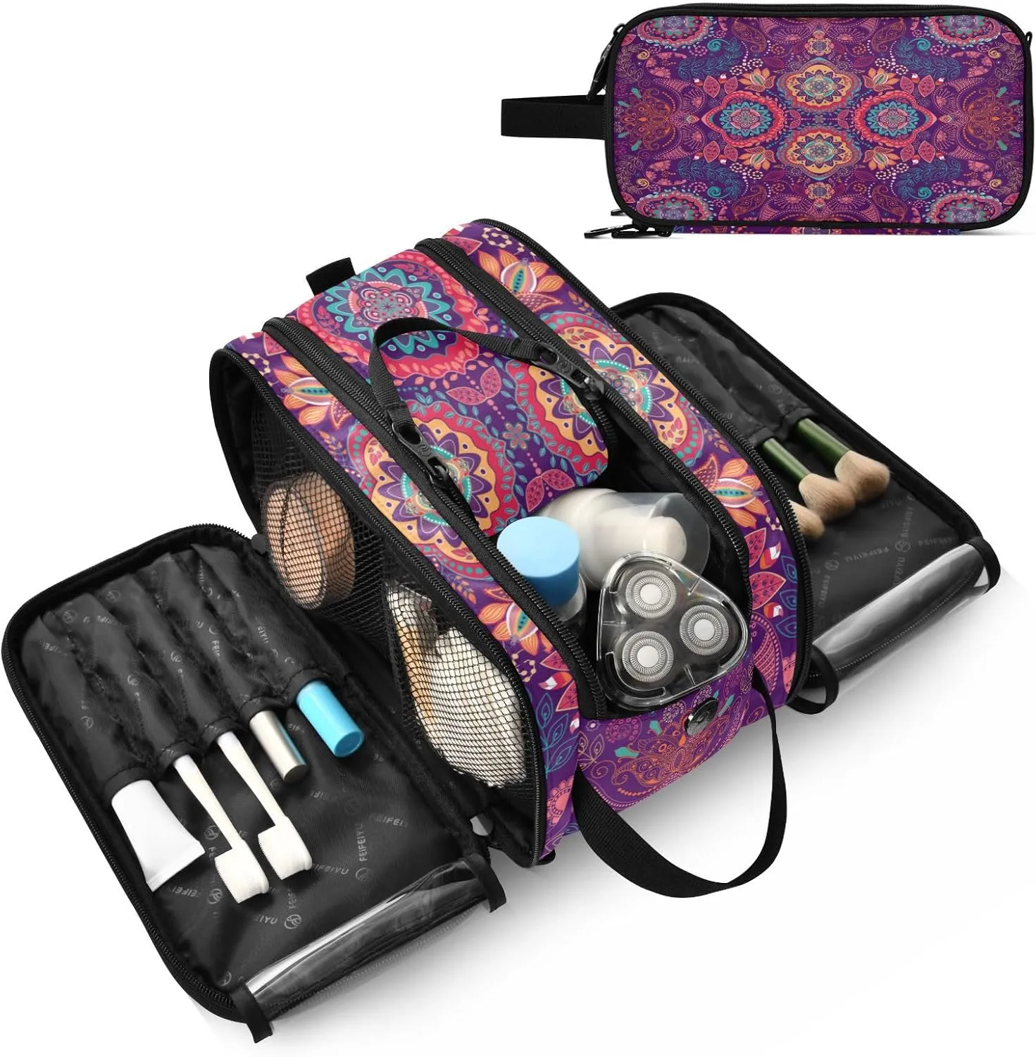Purple Pink Style Ornamental Paisley Pattern Women's Portable Makeup Bag with Handle, Cosmetic Bag, Travel Cosmetic Bag Durable Toiletry Storage Organizer 11 x 7 x 5.7 inch