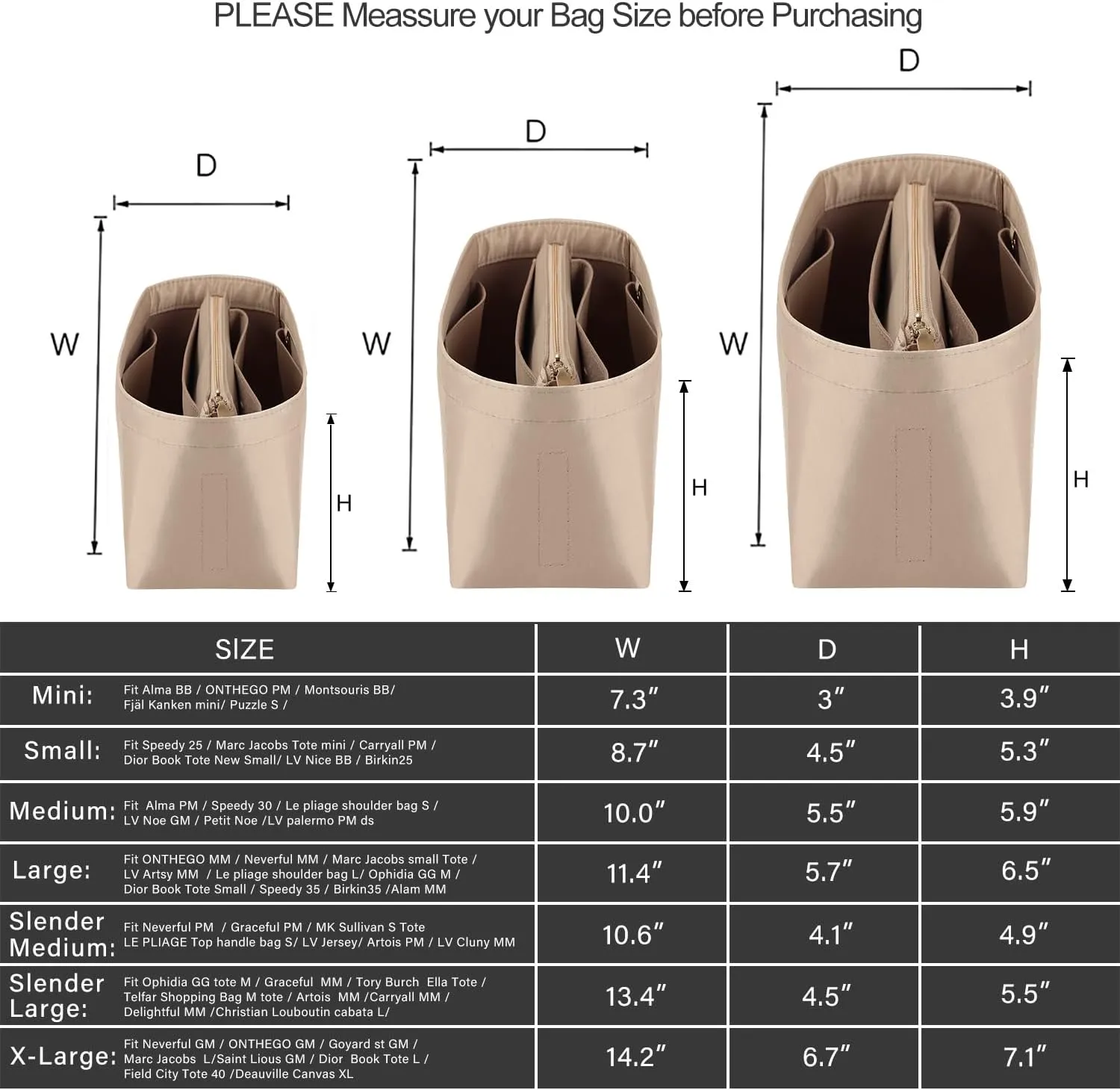 Purse Organizer Insert For Handbags, Purse Organizer With Zipper, Neverfull Organizer, Bag Organizer For Speedy Neverfull ONTHEGO Tote, Handbag and More (Silky Beige, Large)