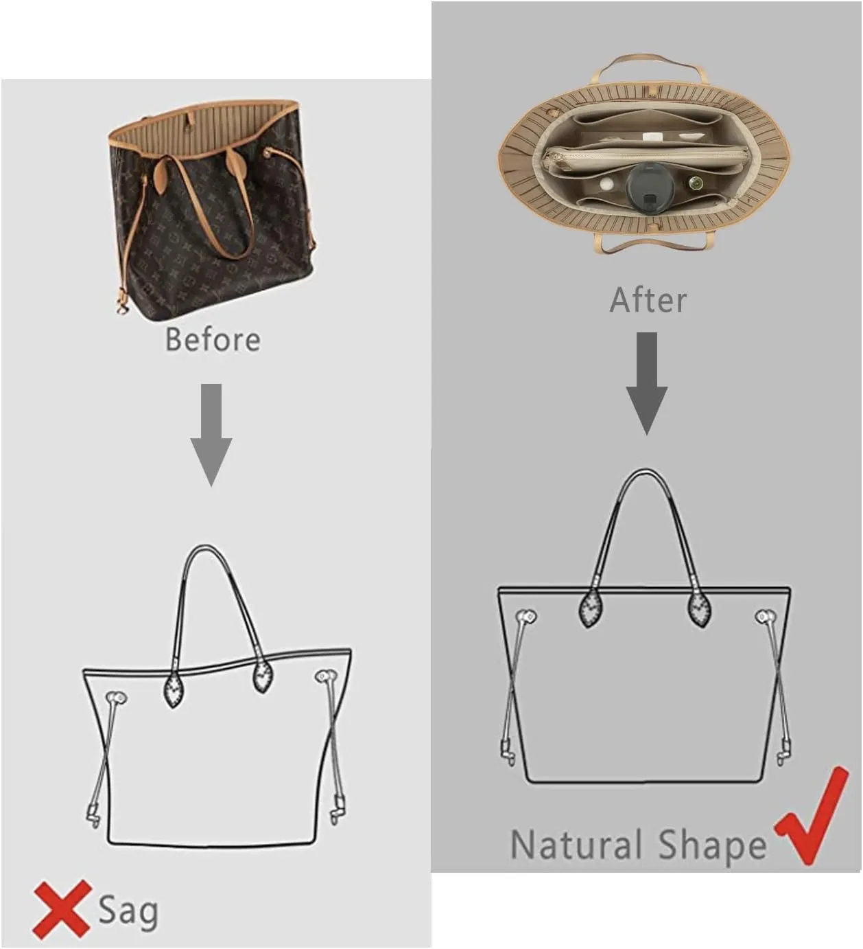 Purse Organizer Insert For Handbags, Purse Organizer With Zipper, Neverfull Organizer, Bag Organizer For Speedy Neverfull ONTHEGO Tote, Handbag and More (Silky Beige, Large)