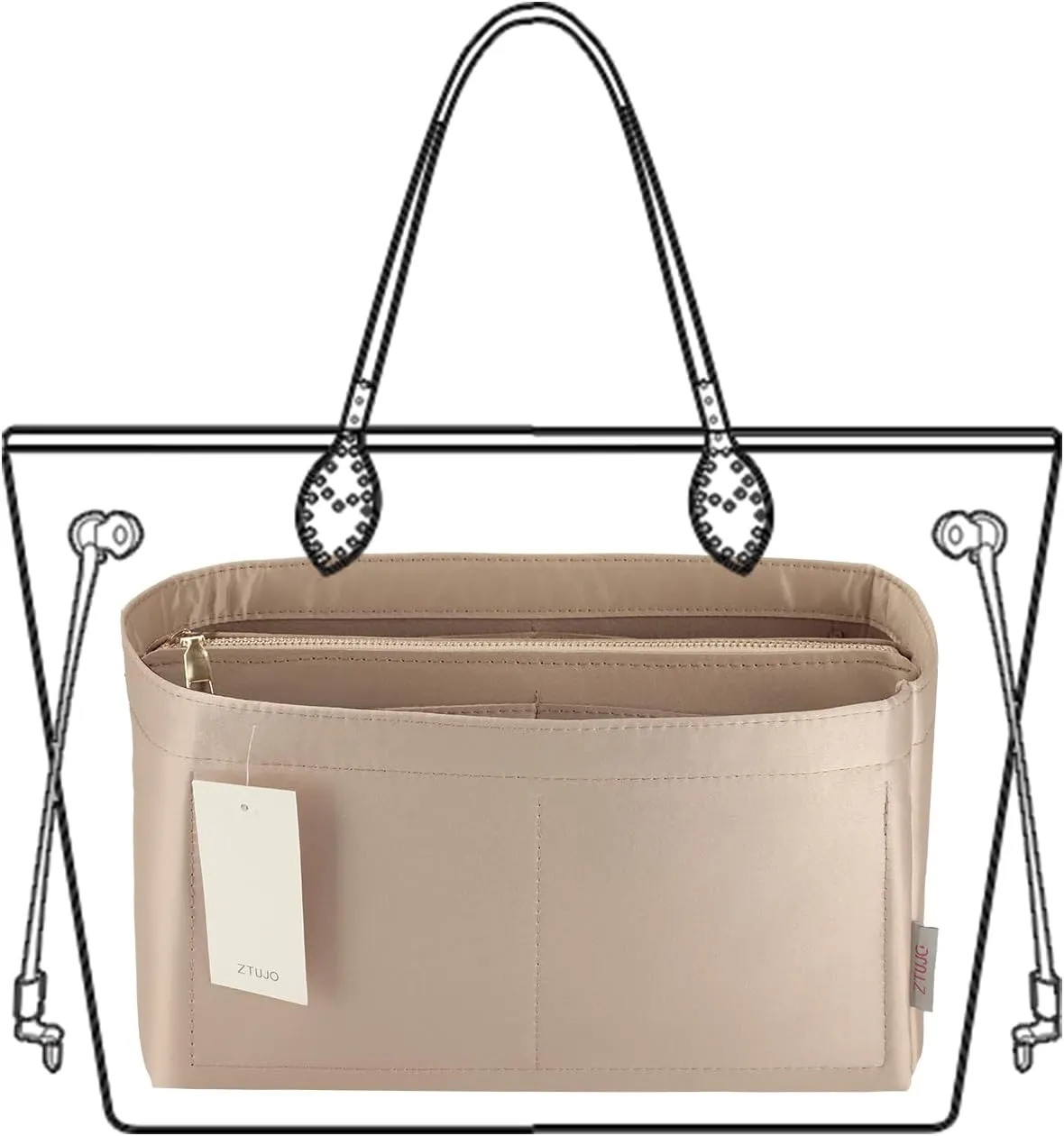 Purse Organizer Insert For Handbags, Purse Organizer With Zipper, Neverfull Organizer, Bag Organizer For Speedy Neverfull ONTHEGO Tote, Handbag and More (Silky Beige, Large)