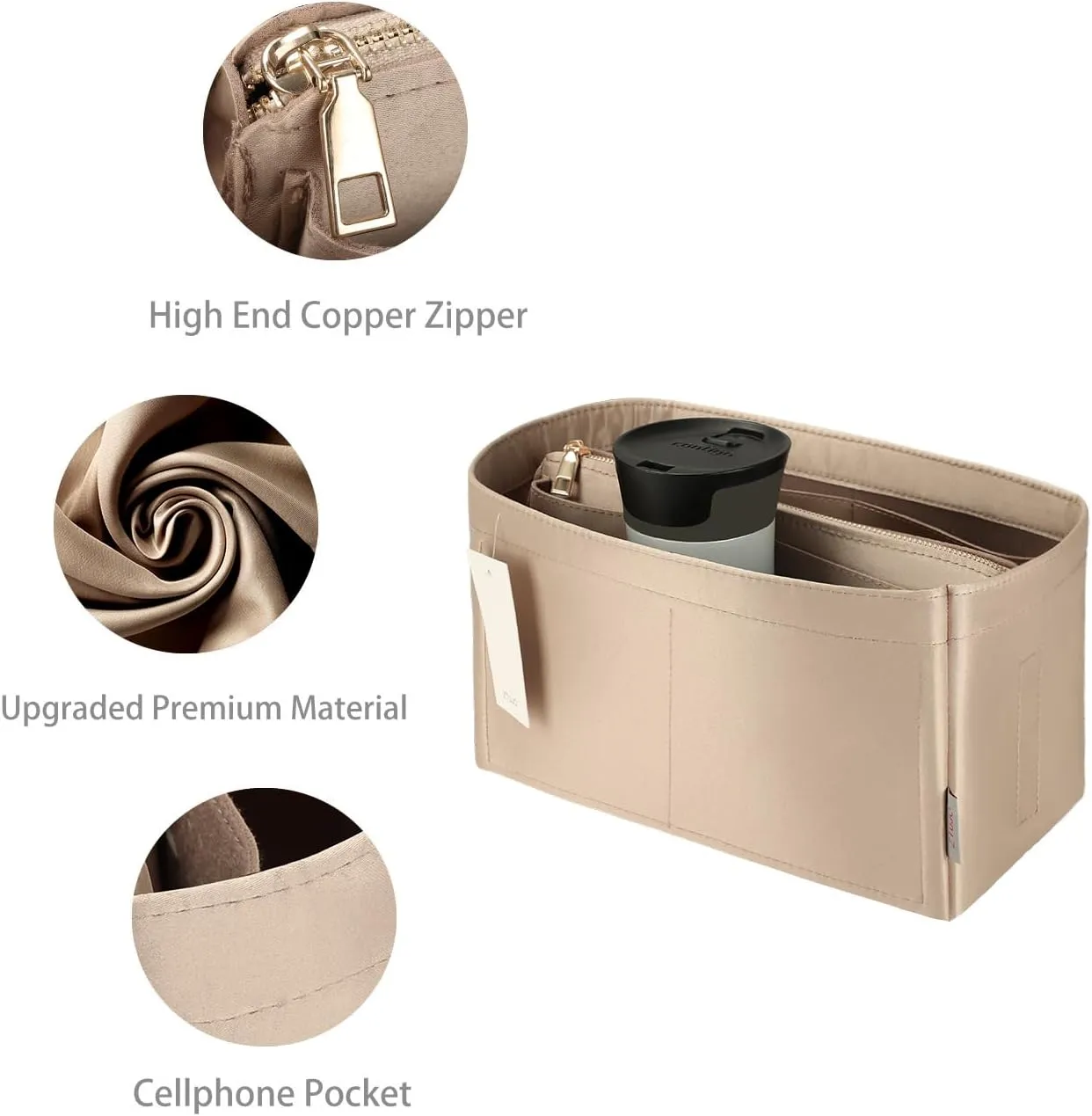 Purse Organizer Insert For Handbags, Purse Organizer With Zipper, Neverfull Organizer, Bag Organizer For Speedy Neverfull ONTHEGO Tote, Handbag and More (Silky Beige, Slender Large)