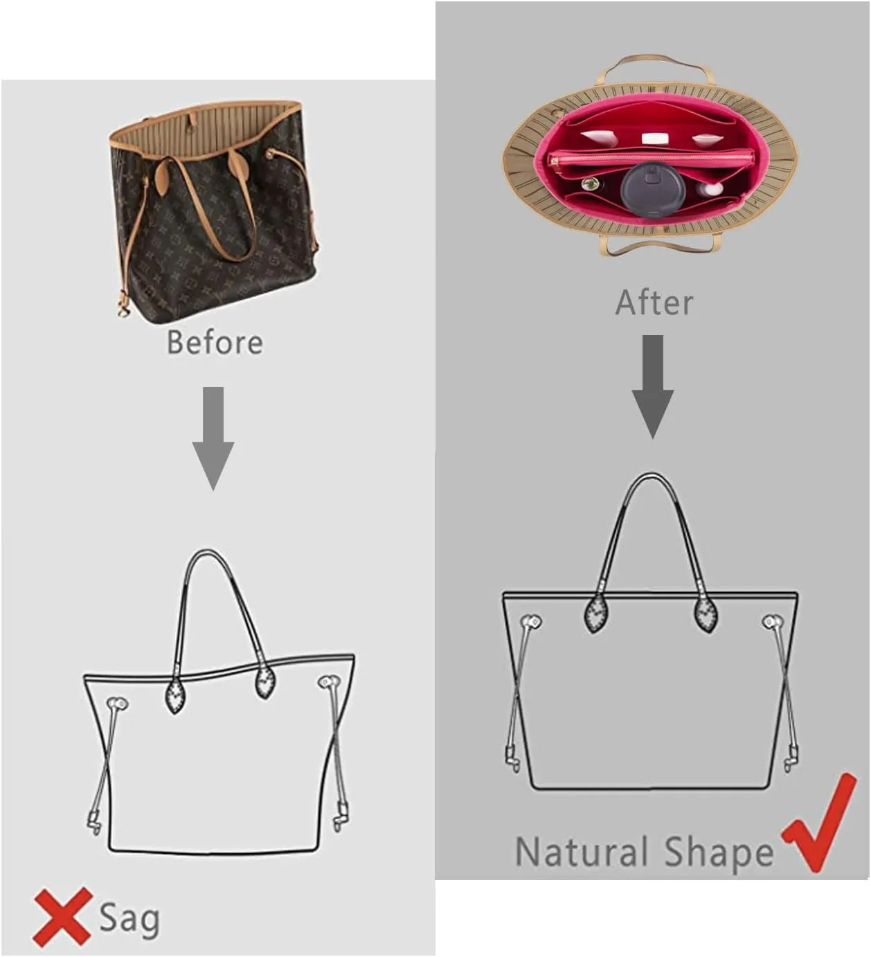 Purse Organizer Insert For Handbags, Purse Organizer With Zipper, Neverfull Organizer, Bag Organizer For Speedy Neverfull ONTHEGO Tote, Handbag and More (Silky Rosy, Medium)