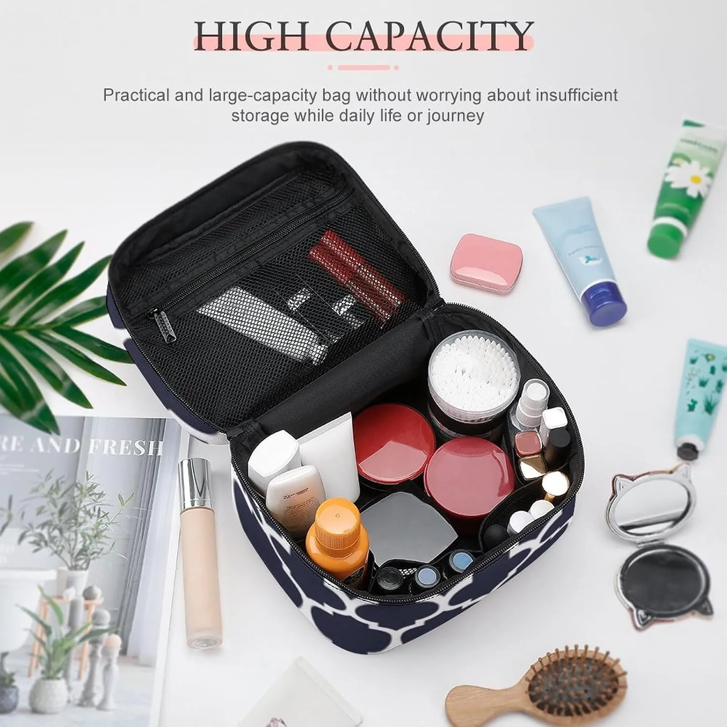 Quatrefoil Navy Blue Cosmetic Bag, Travel Portable Makeup Bag for Purse Pouch Beauty Zipper Organizer Toiletry Bag for Women