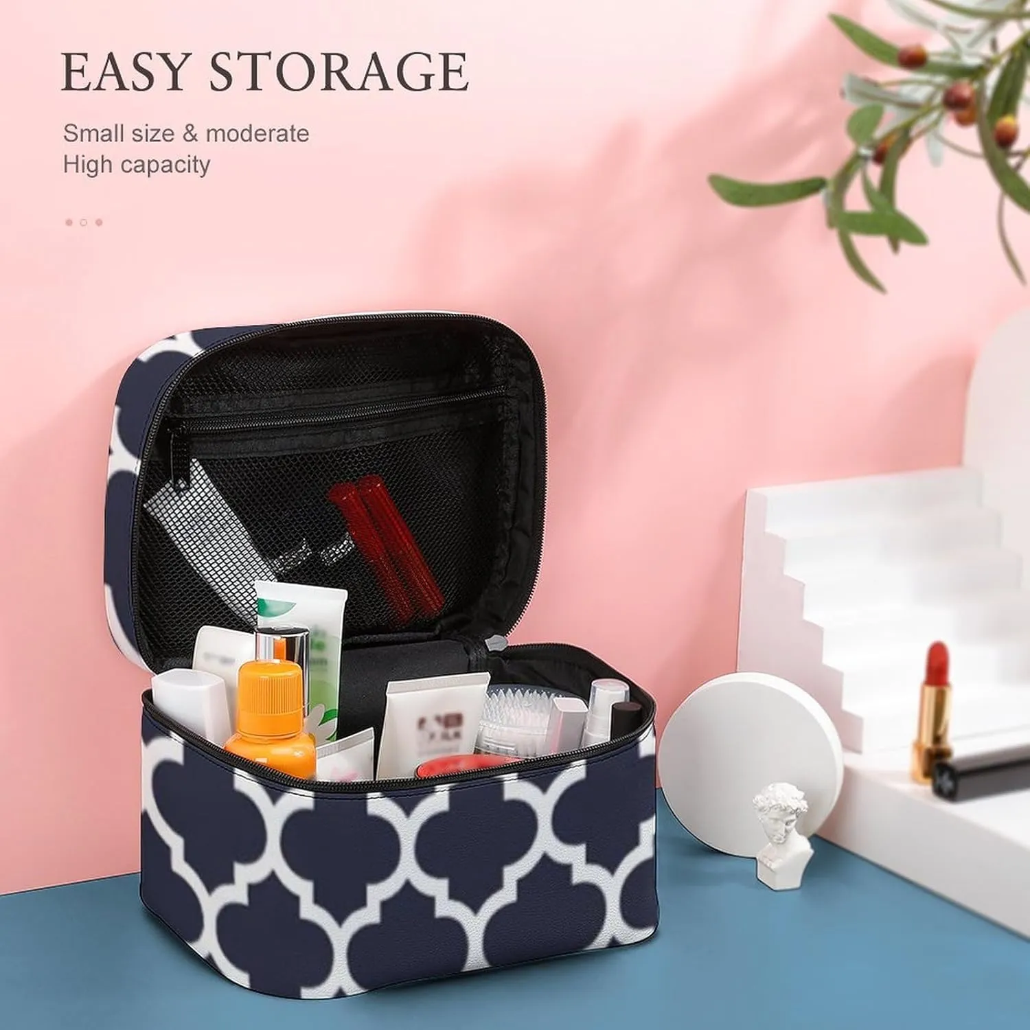 Quatrefoil Navy Blue Cosmetic Bag, Travel Portable Makeup Bag for Purse Pouch Beauty Zipper Organizer Toiletry Bag for Women