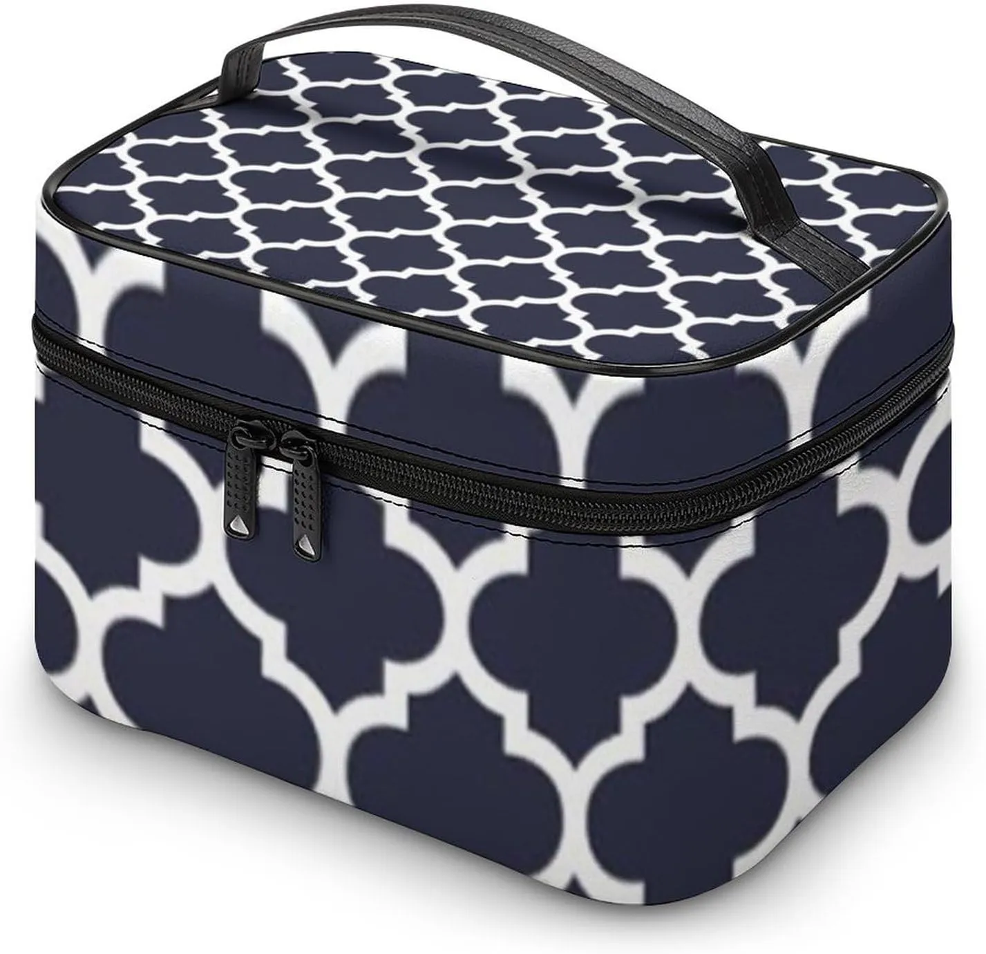 Quatrefoil Navy Blue Cosmetic Bag, Travel Portable Makeup Bag for Purse Pouch Beauty Zipper Organizer Toiletry Bag for Women
