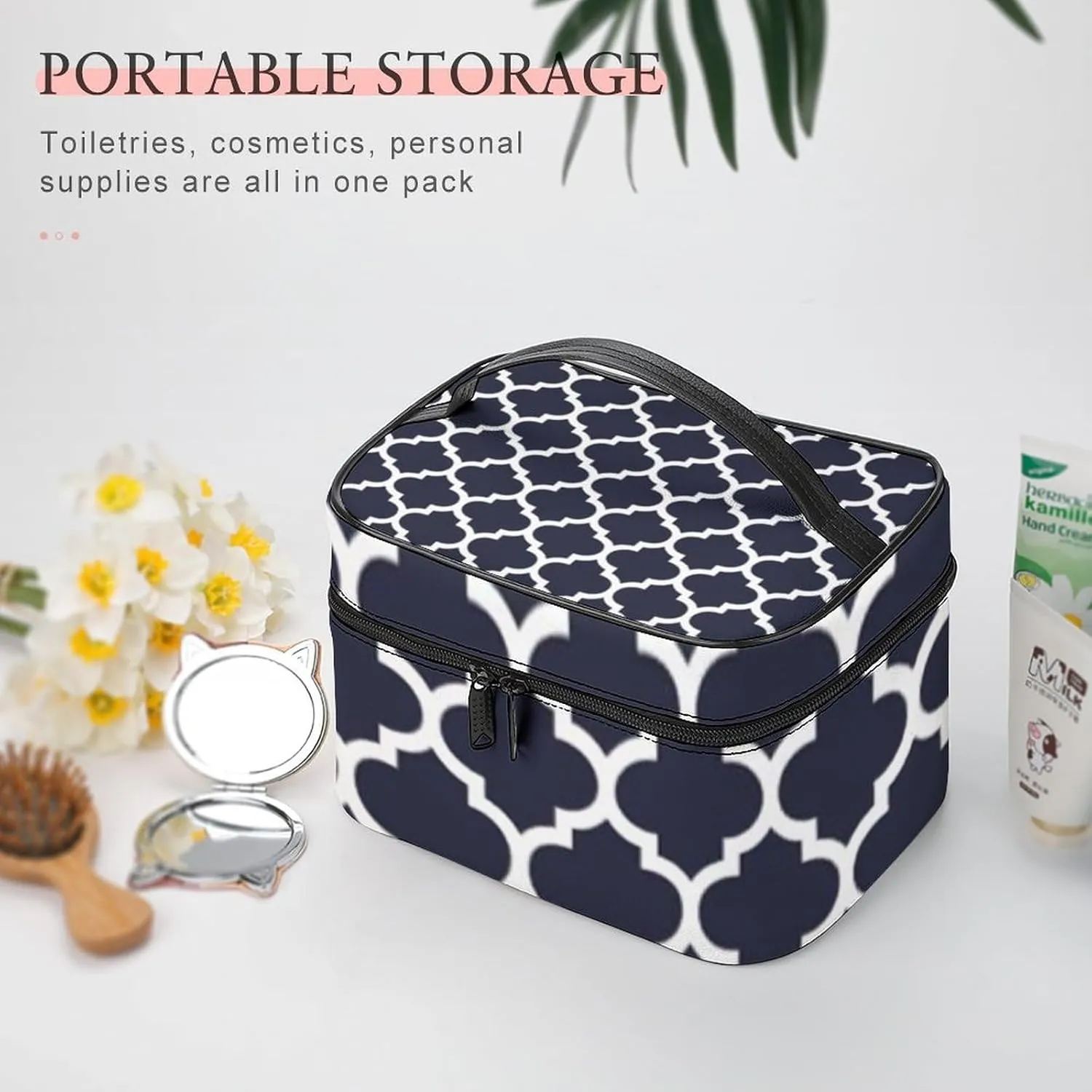 Quatrefoil Navy Blue Cosmetic Bag, Travel Portable Makeup Bag for Purse Pouch Beauty Zipper Organizer Toiletry Bag for Women