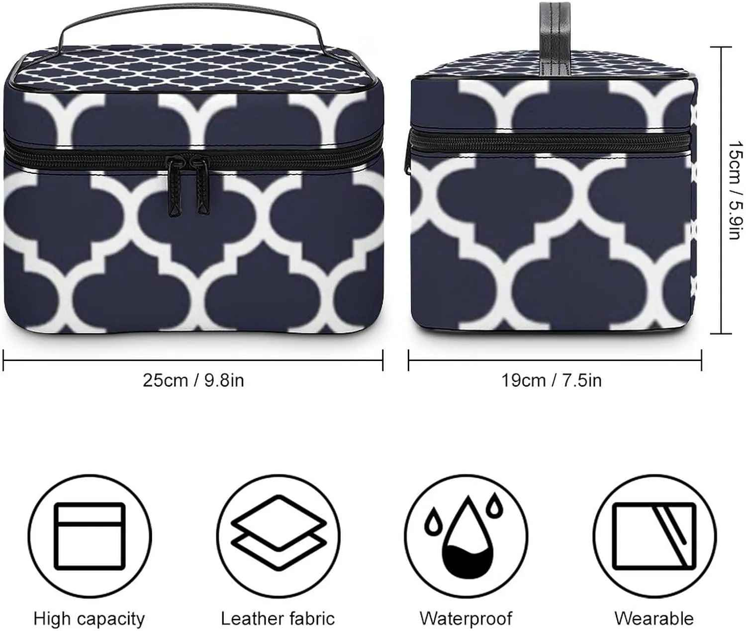Quatrefoil Navy Blue Cosmetic Bag, Travel Portable Makeup Bag for Purse Pouch Beauty Zipper Organizer Toiletry Bag for Women