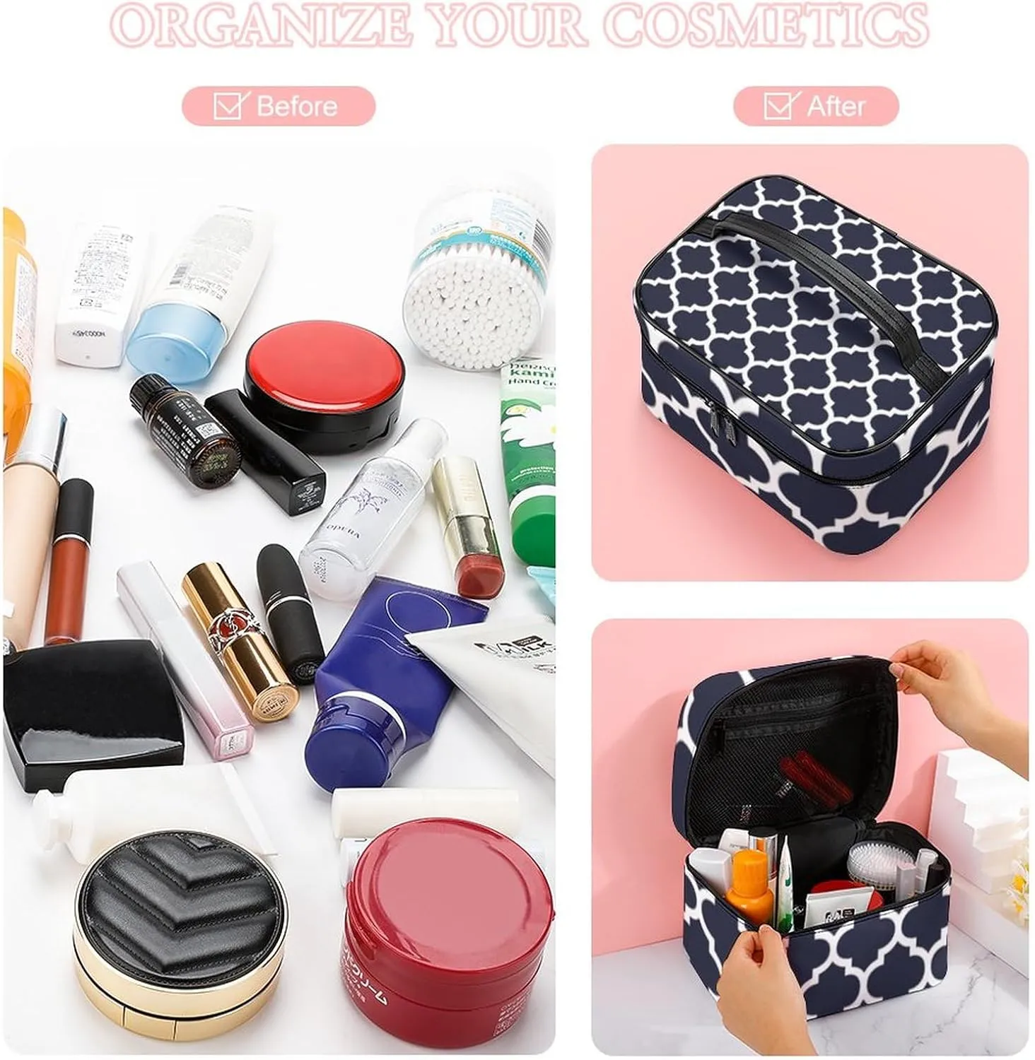 Quatrefoil Navy Blue Cosmetic Bag, Travel Portable Makeup Bag for Purse Pouch Beauty Zipper Organizer Toiletry Bag for Women