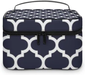 Quatrefoil Navy Blue Cosmetic Bag, Travel Portable Makeup Bag for Purse Pouch Beauty Zipper Organizer Toiletry Bag for Women
