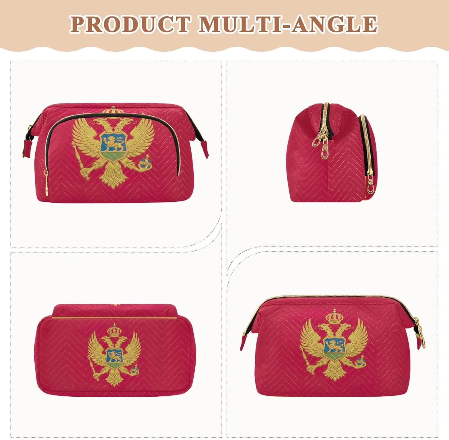 Quilted Makeup Bag Set with 9-Piece Accessory Set, Montenegro Flag Wide-open Pouch Purse Toiletry Bag for Cosmetics Toiletries Accessories