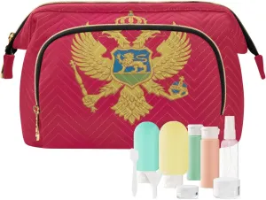 Quilted Makeup Bag Set with 9-Piece Accessory Set, Montenegro Flag Wide-open Pouch Purse Toiletry Bag for Cosmetics Toiletries Accessories
